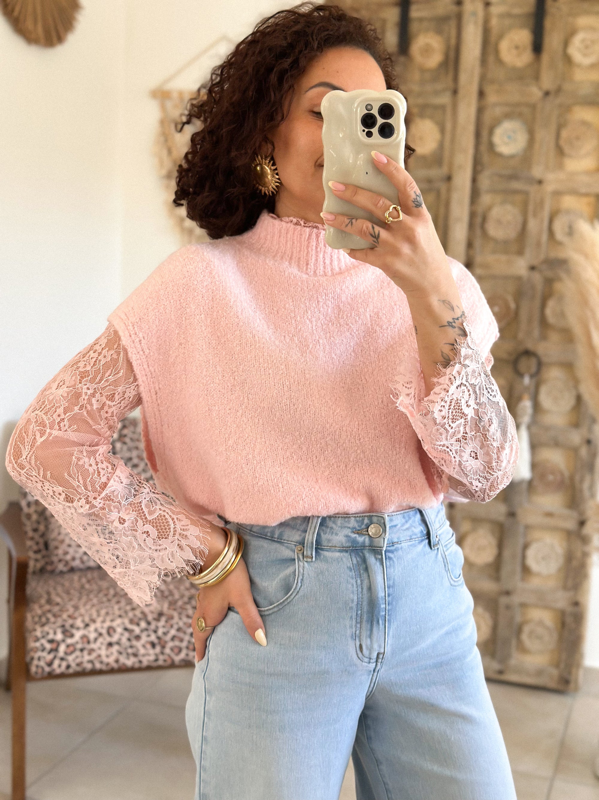 Pull Catia - Rose manches dentelle