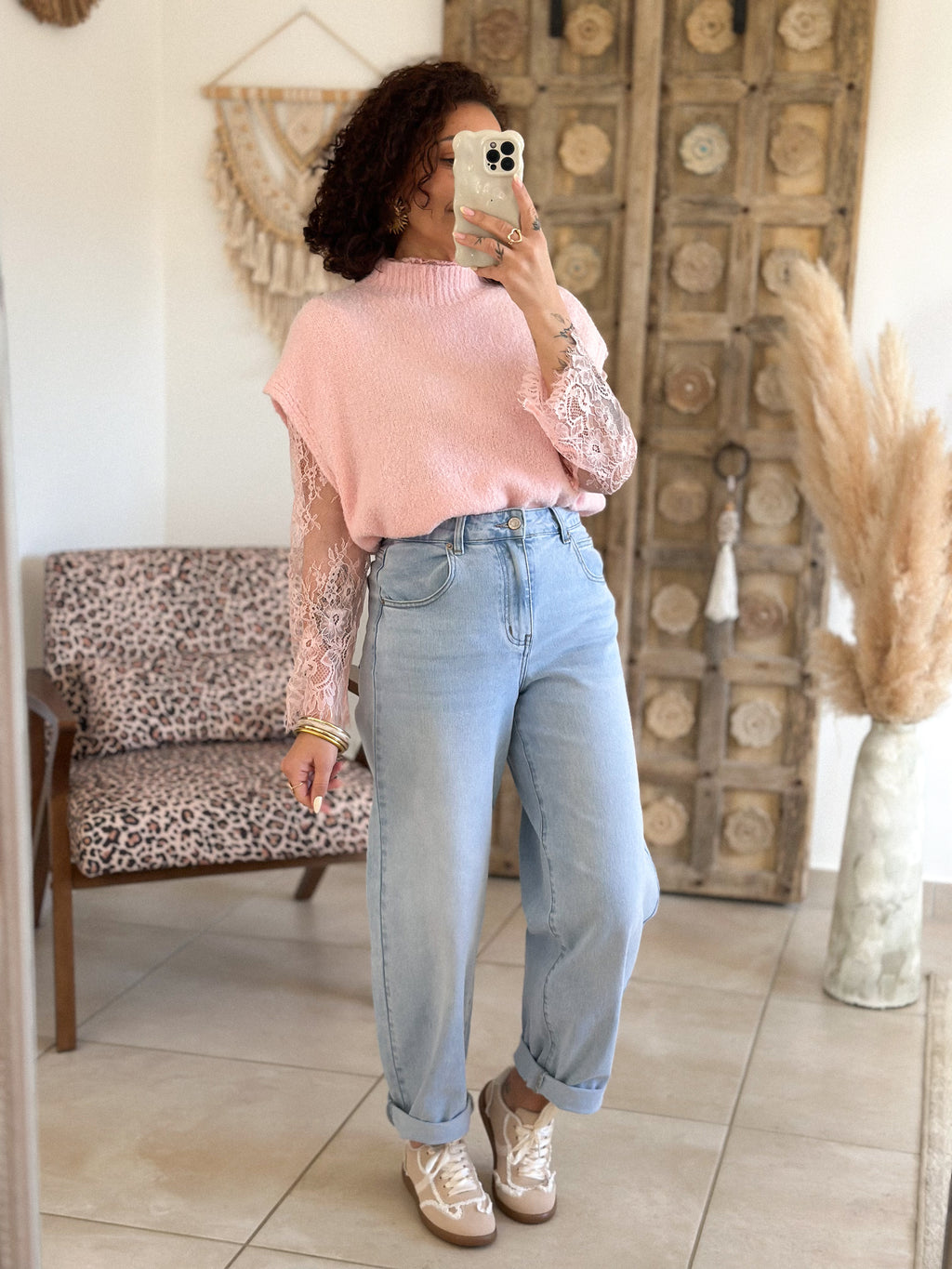 Pull Catia - Rose manches dentelle