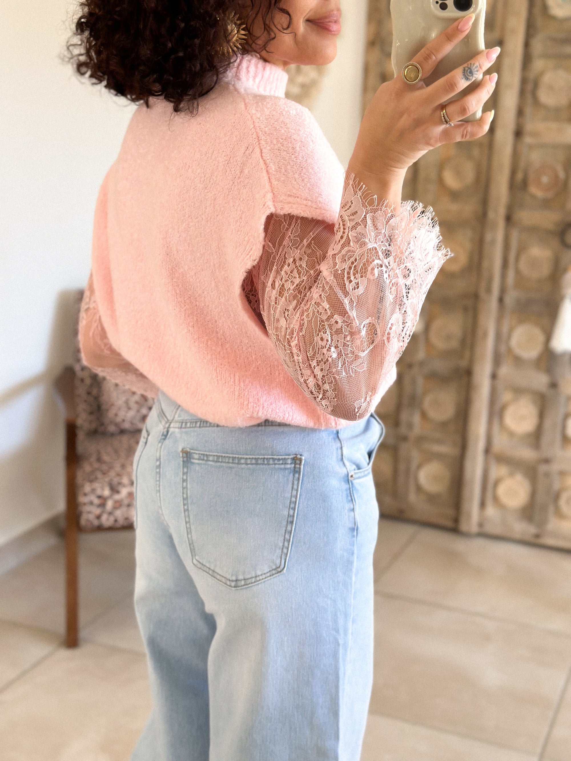 Pull Catia - Rose manches dentelle