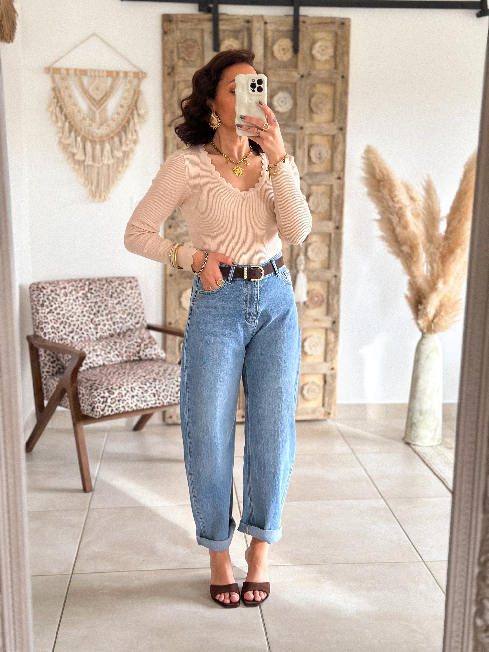 Pull Hasna - Beige col festonné