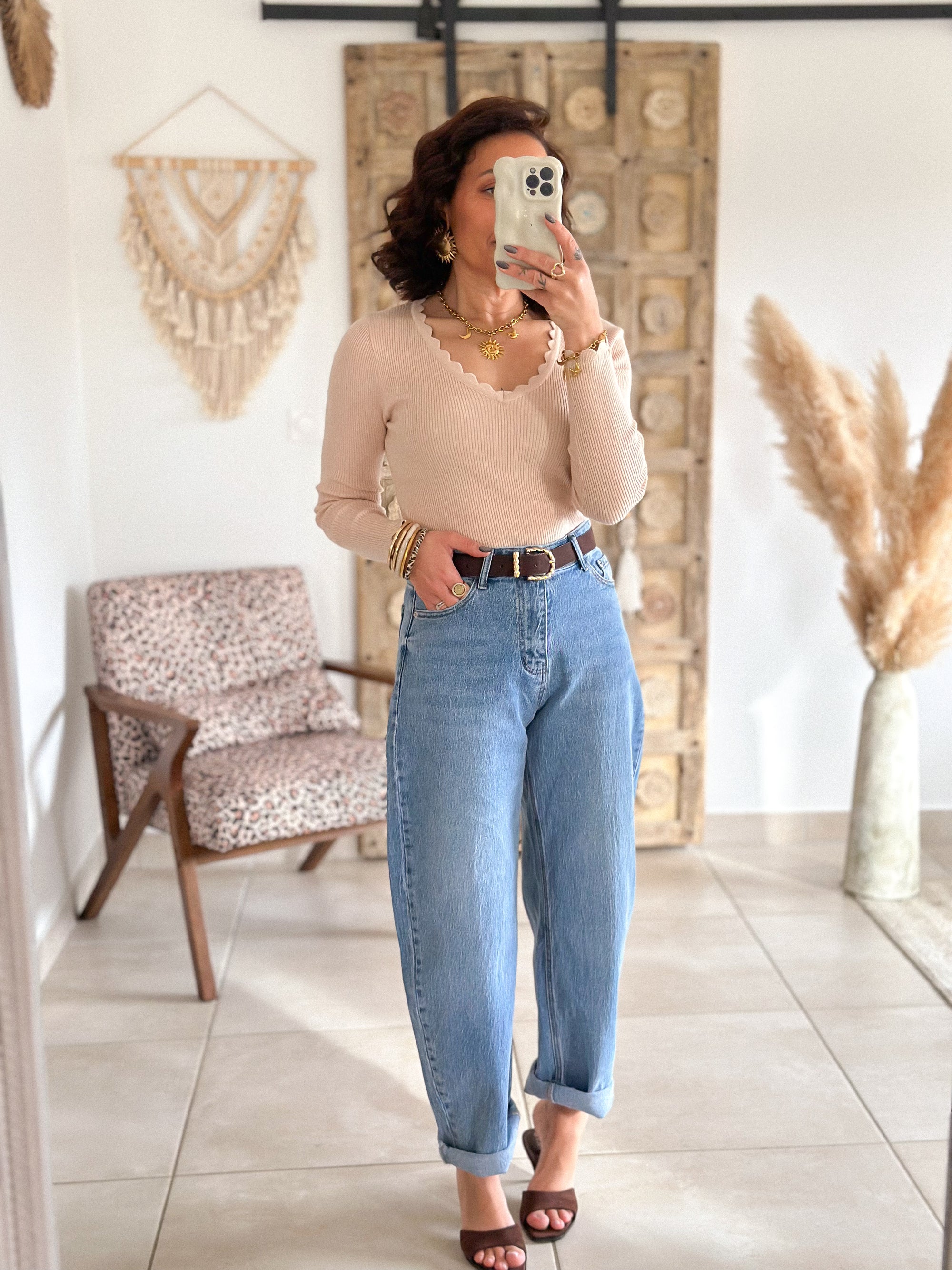 Pull Hasna - Beige col festonné