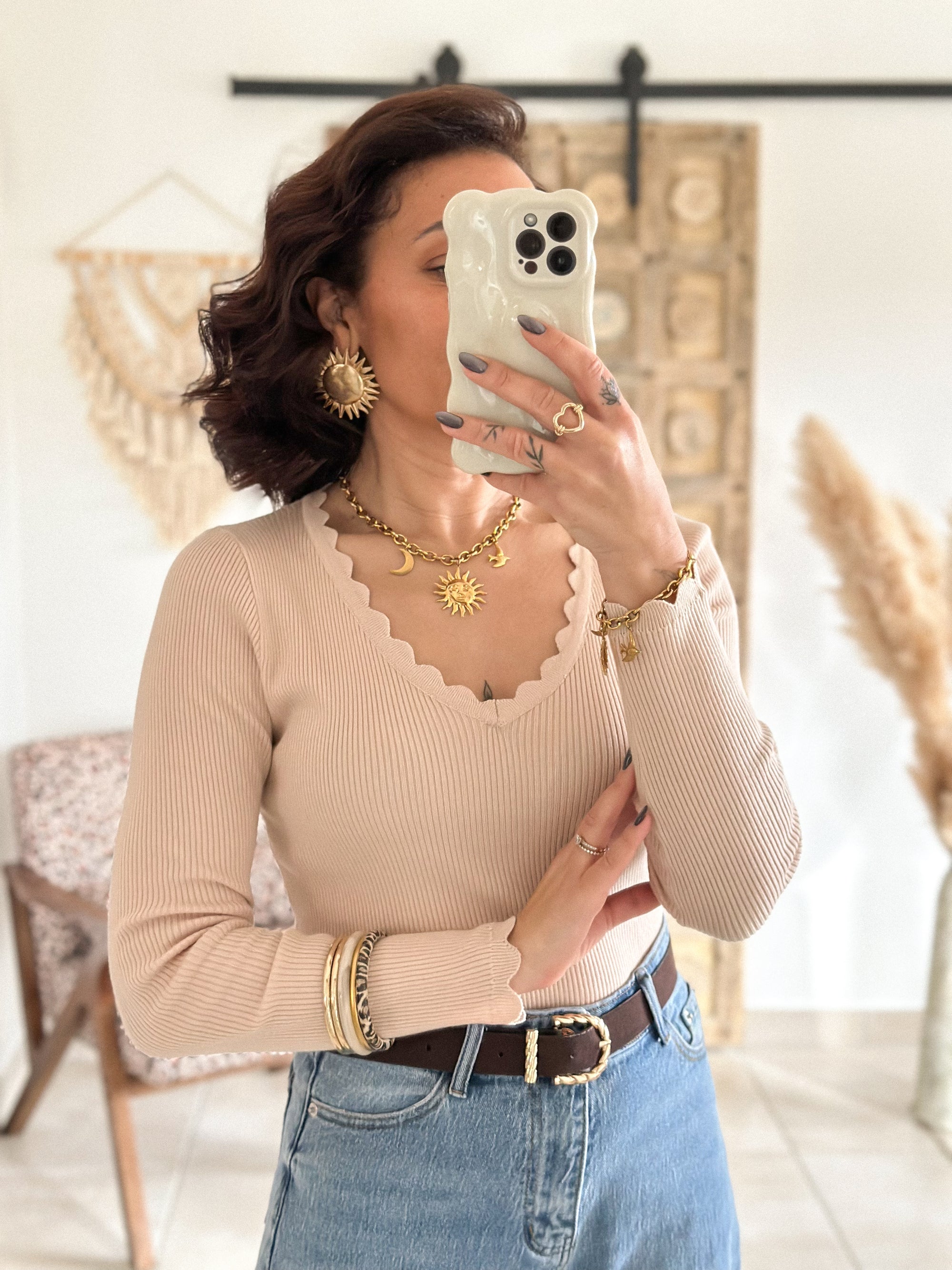 Pull Hasna - Beige col festonné