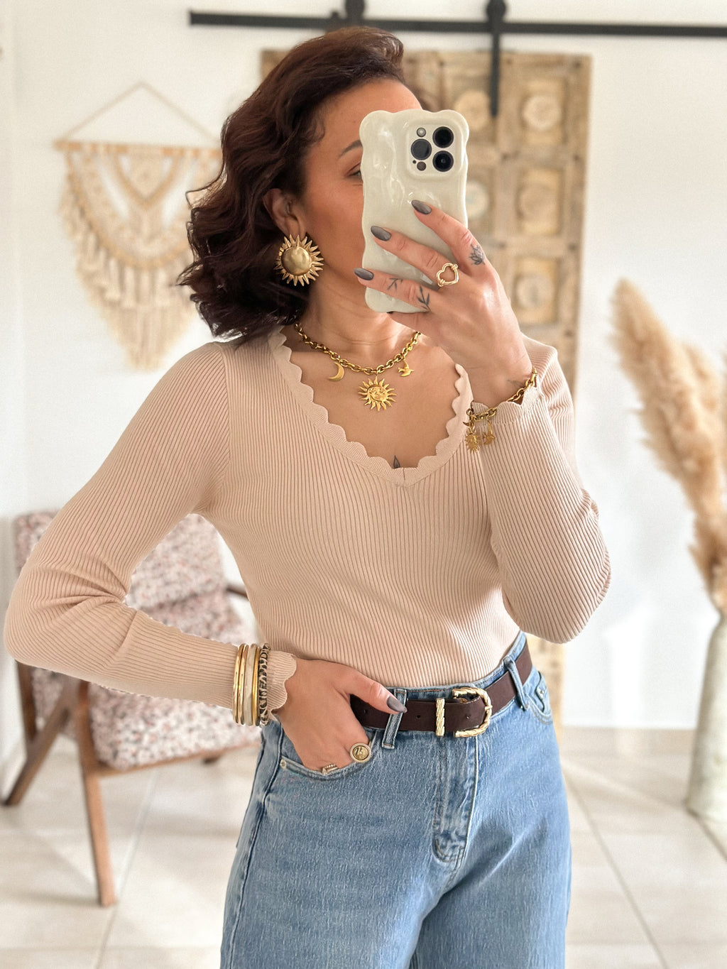 Pull Hasna - Beige col festonné