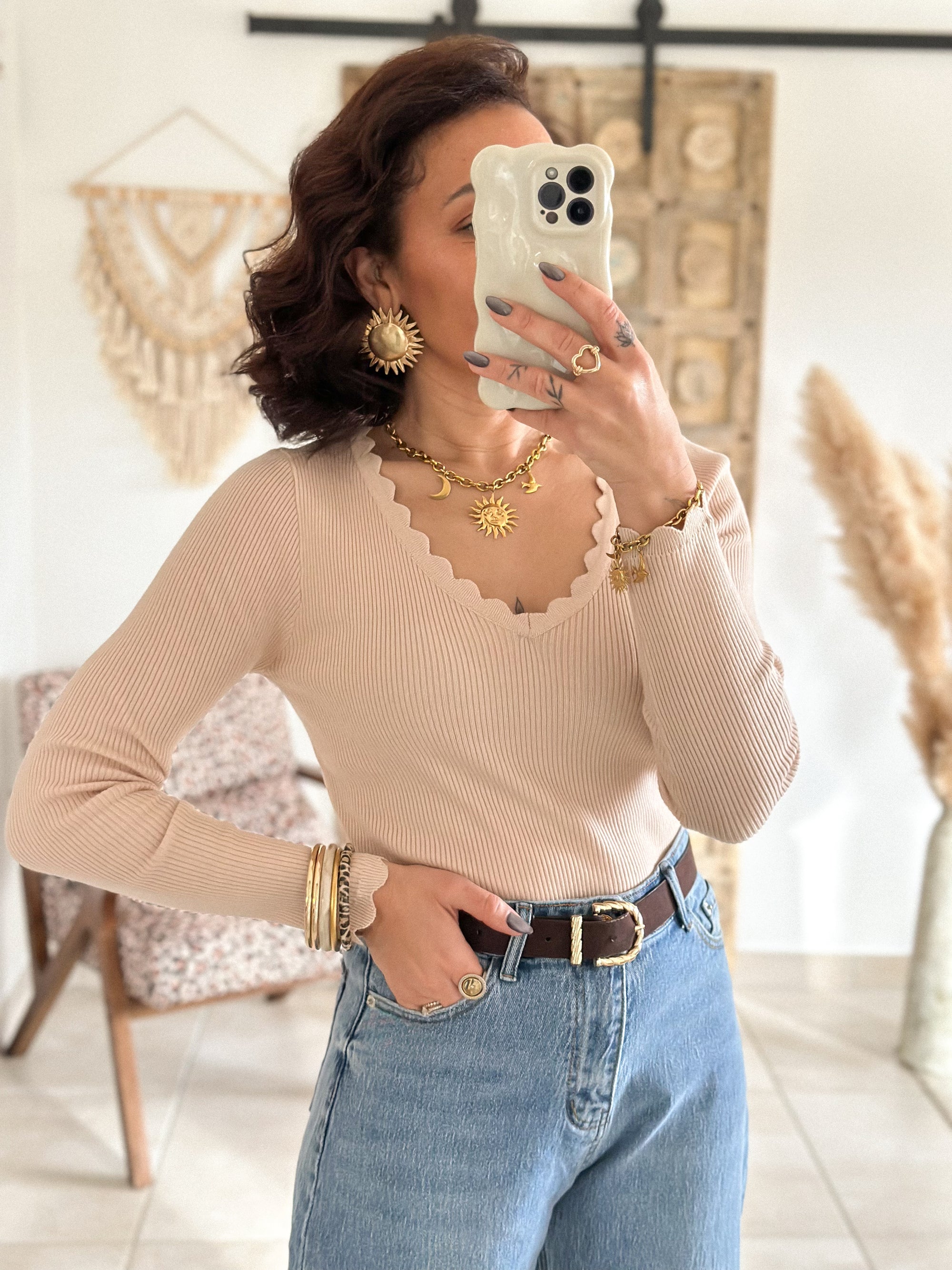 Pull Hasna - Beige col festonné