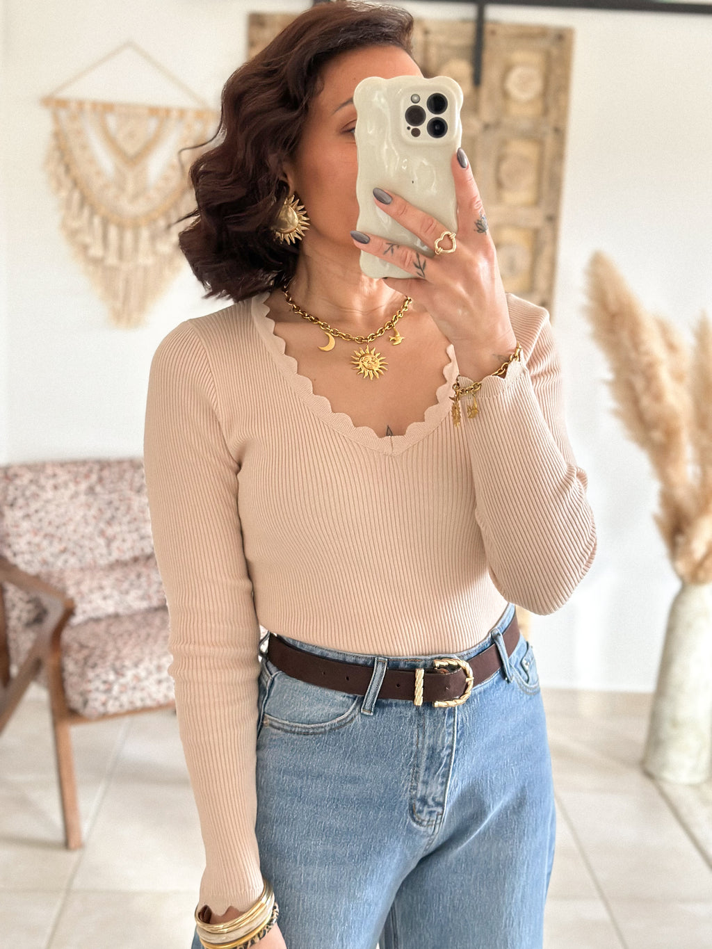 Pull Hasna - Beige col festonné