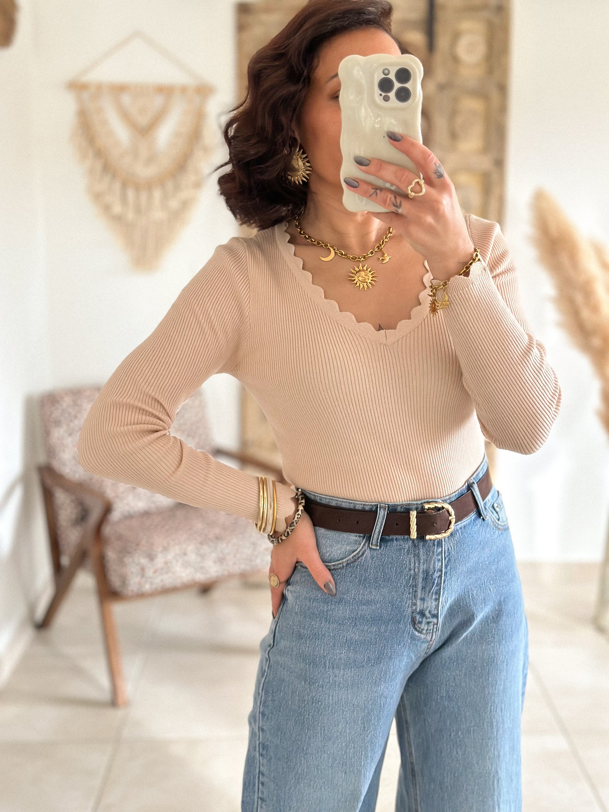 Pull Hasna - Beige col festonné