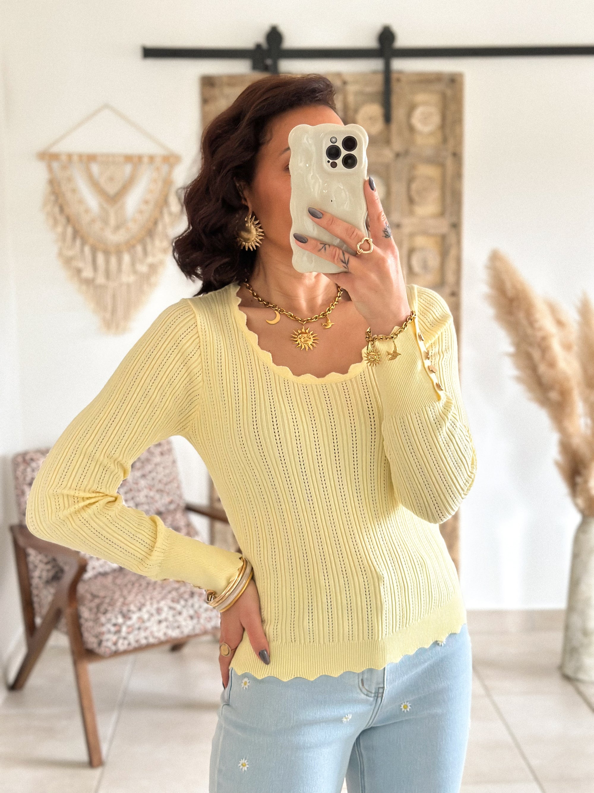 Pull Soraya - Jaune côtelé col festonné