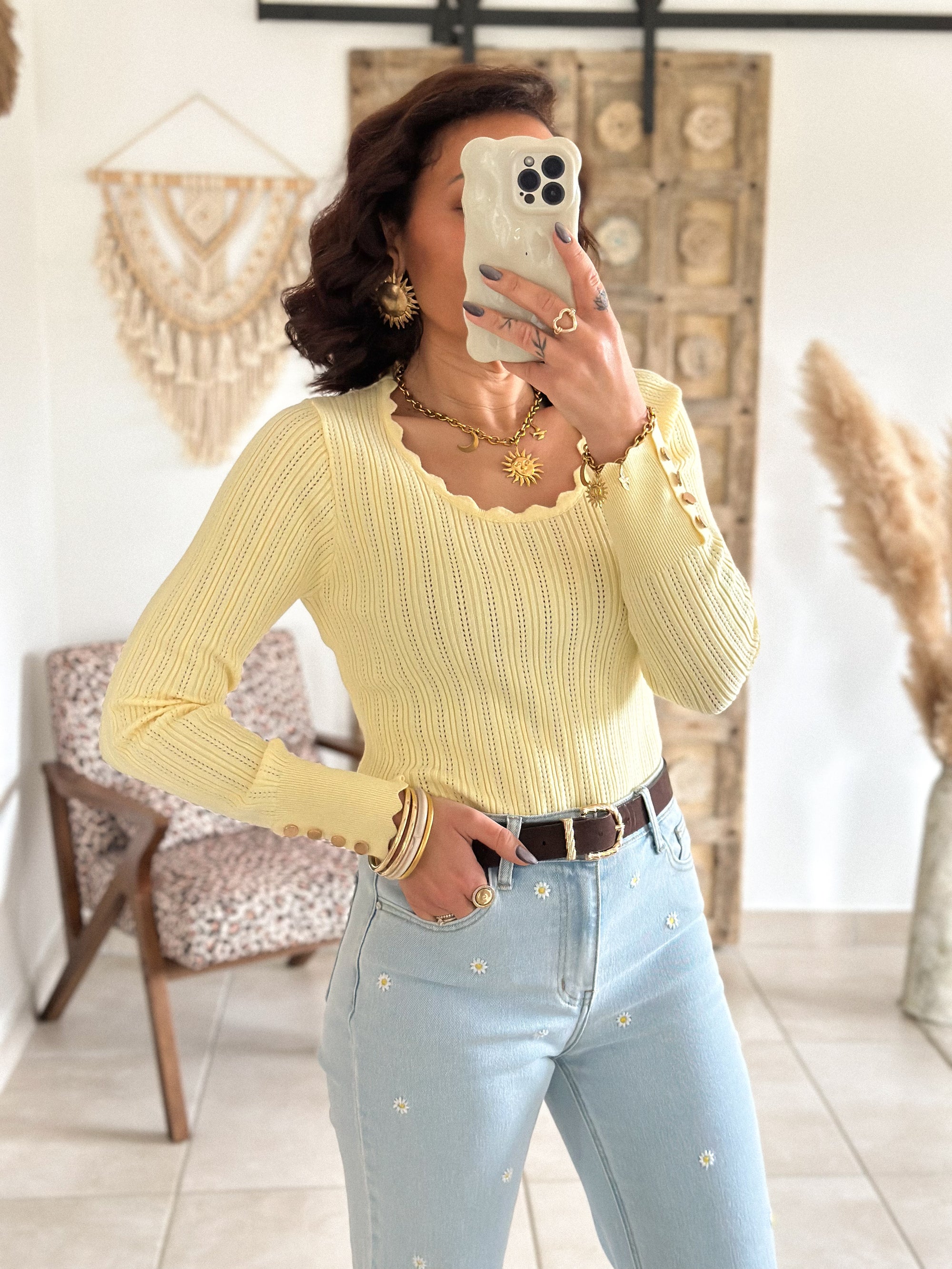 Pull Soraya - Jaune côtelé col festonné