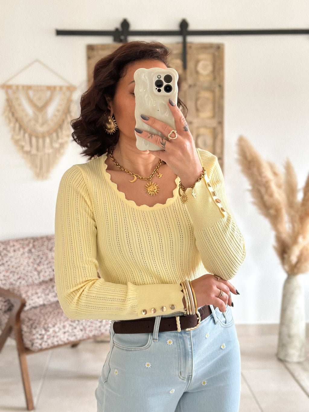Pull Soraya - Jaune côtelé col festonné
