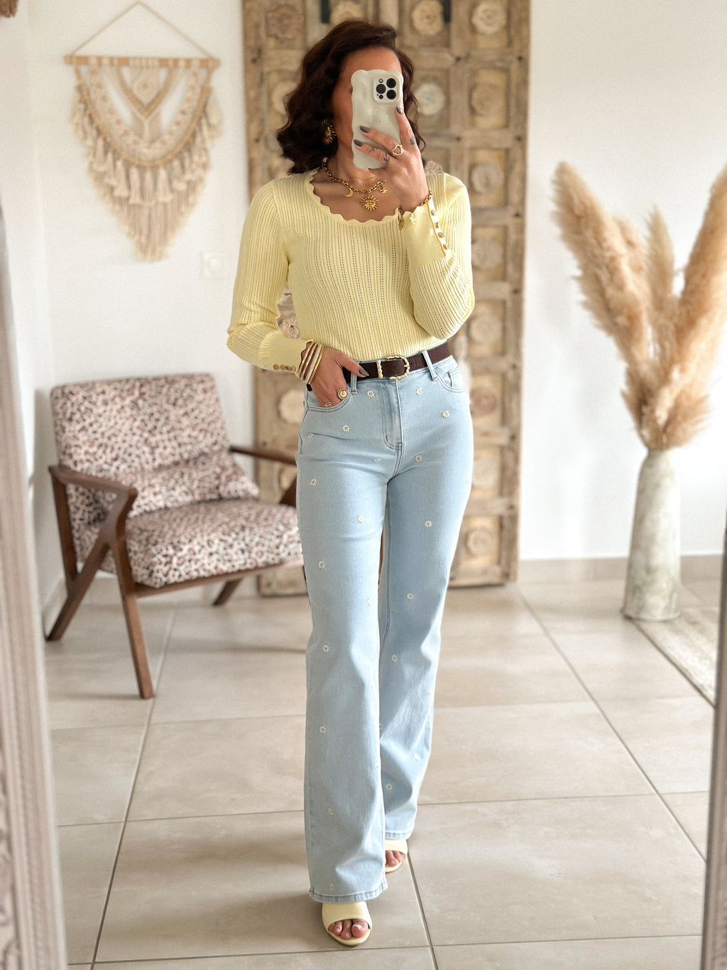 Pull Soraya - Jaune côtelé col festonné