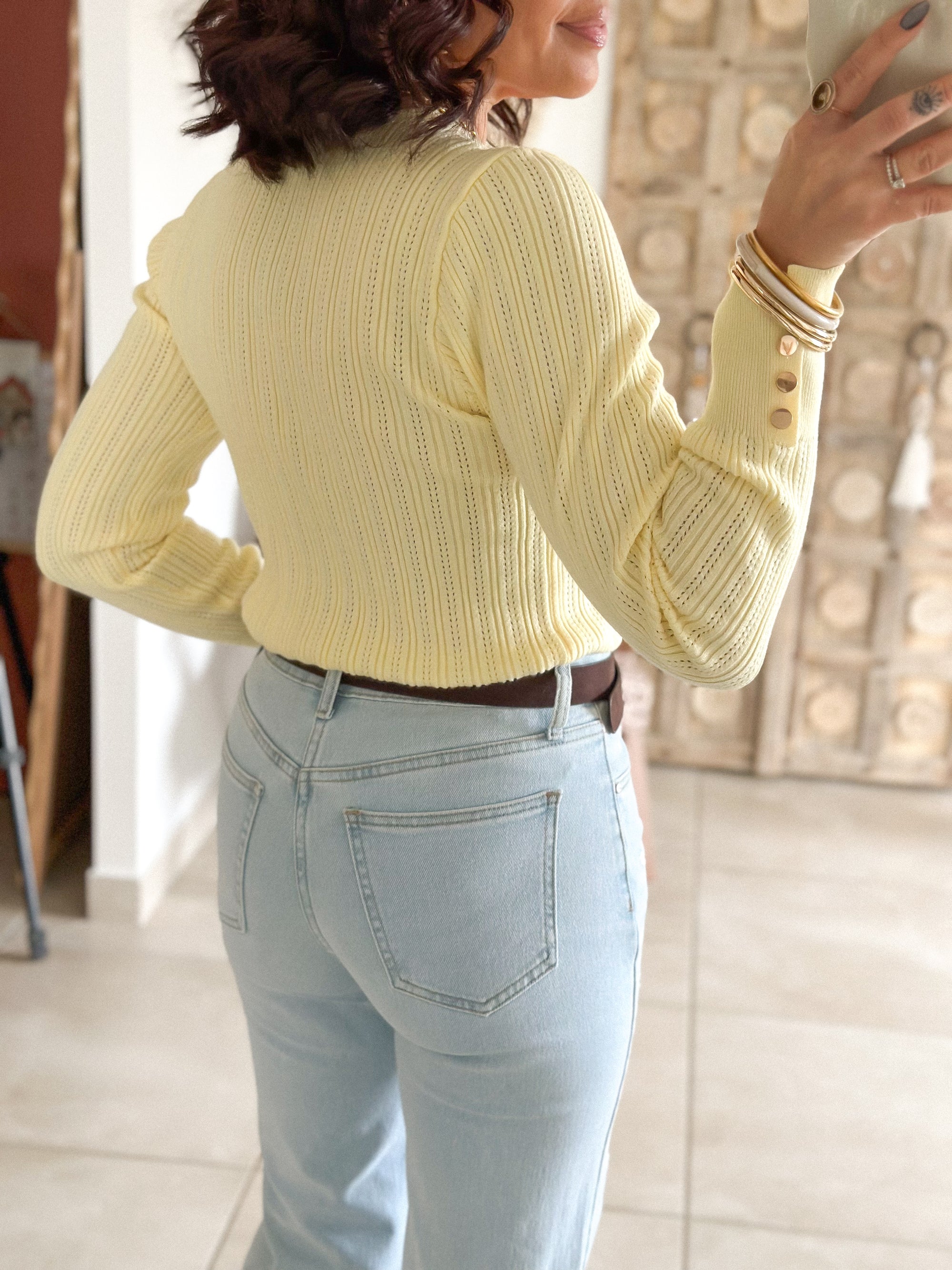 Pull Soraya - Jaune côtelé col festonné