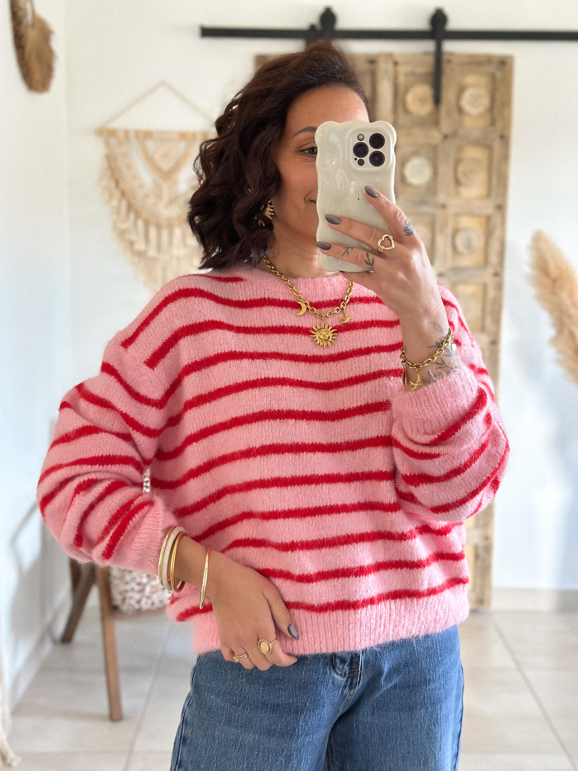 Pull Candy - Rayé rouge/rose