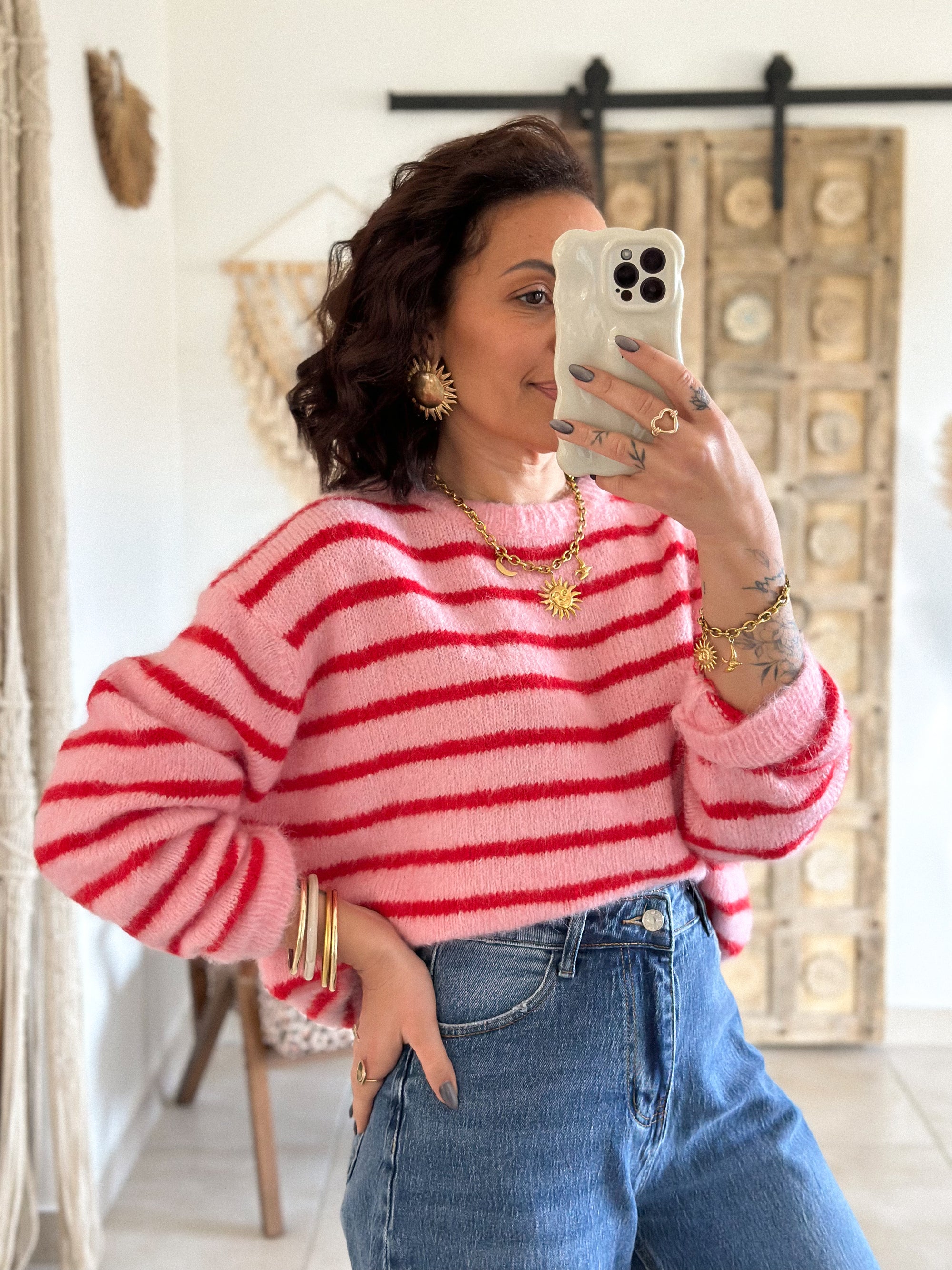 Pull Candy - Rayé rouge/rose