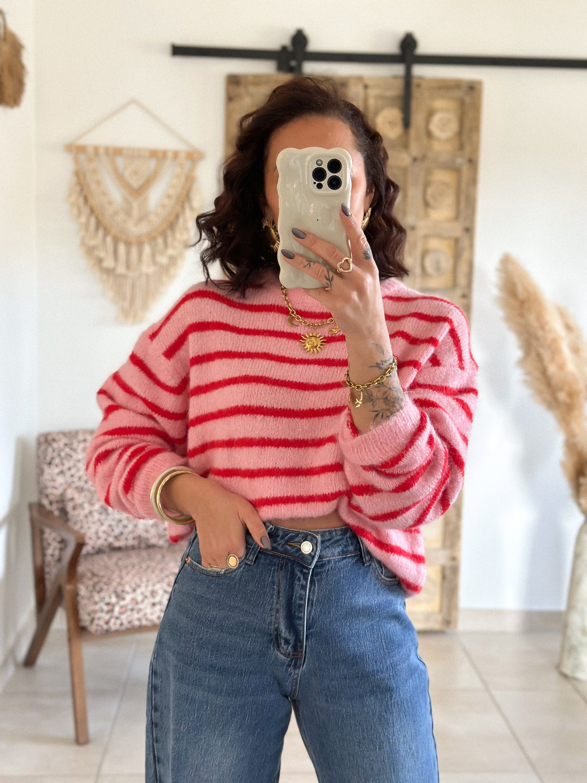 Pull Candy - Rayé rouge/rose