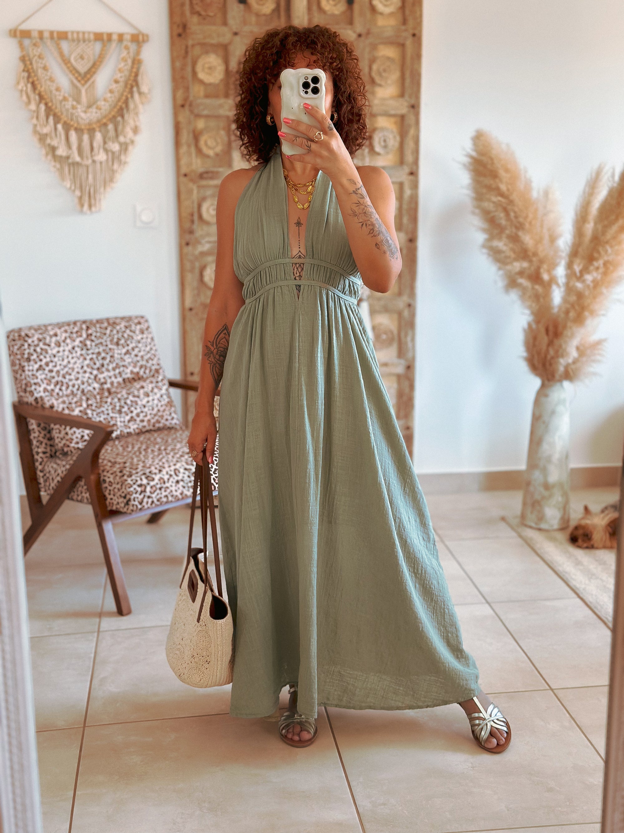 Robe Cara - Longue vert sauge