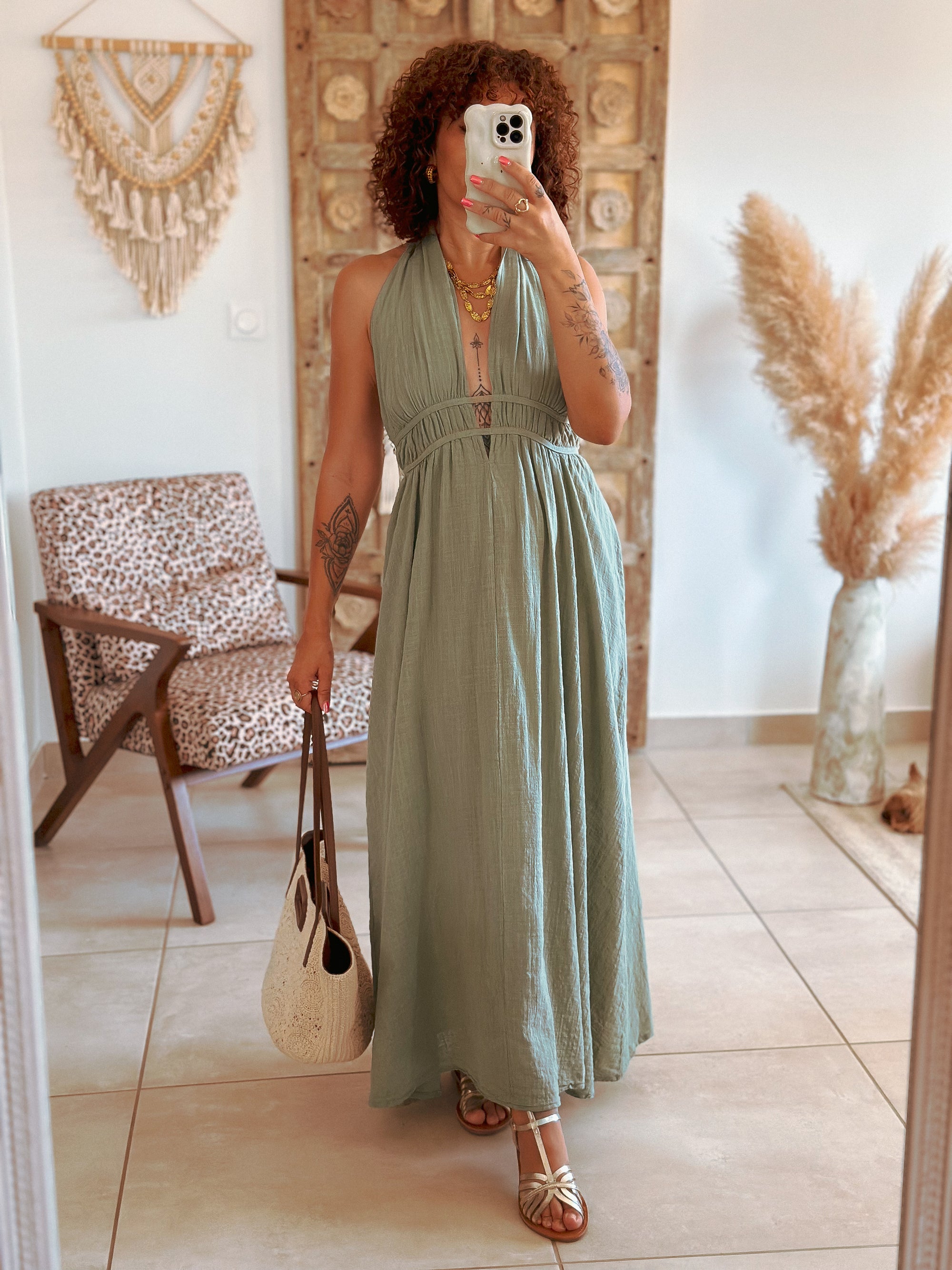 Robe Cara - Longue vert sauge