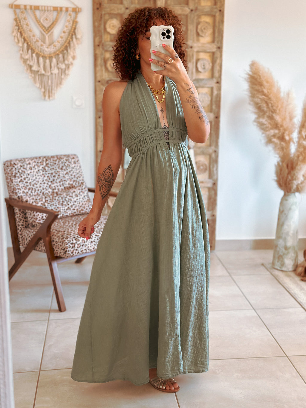Robe Cara - Longue vert sauge