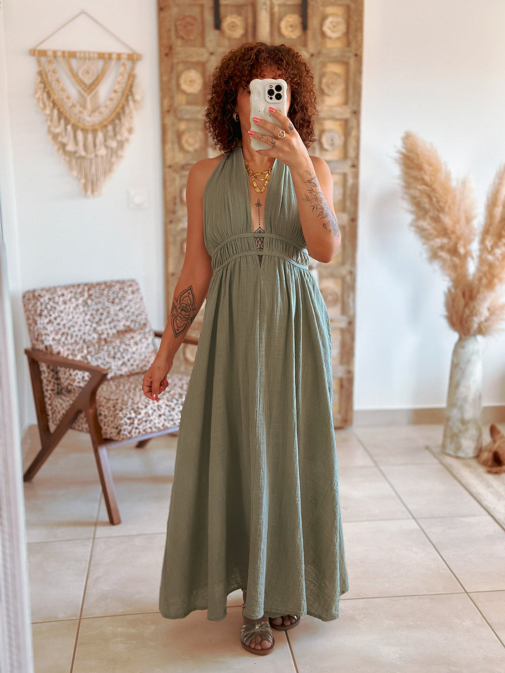 Robe Cara - Longue vert sauge