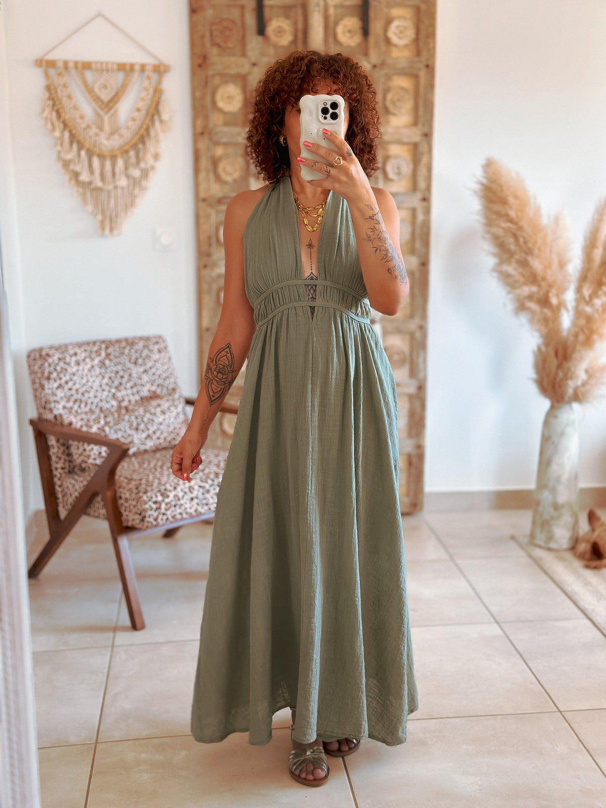 Robe Cara - Longue vert sauge