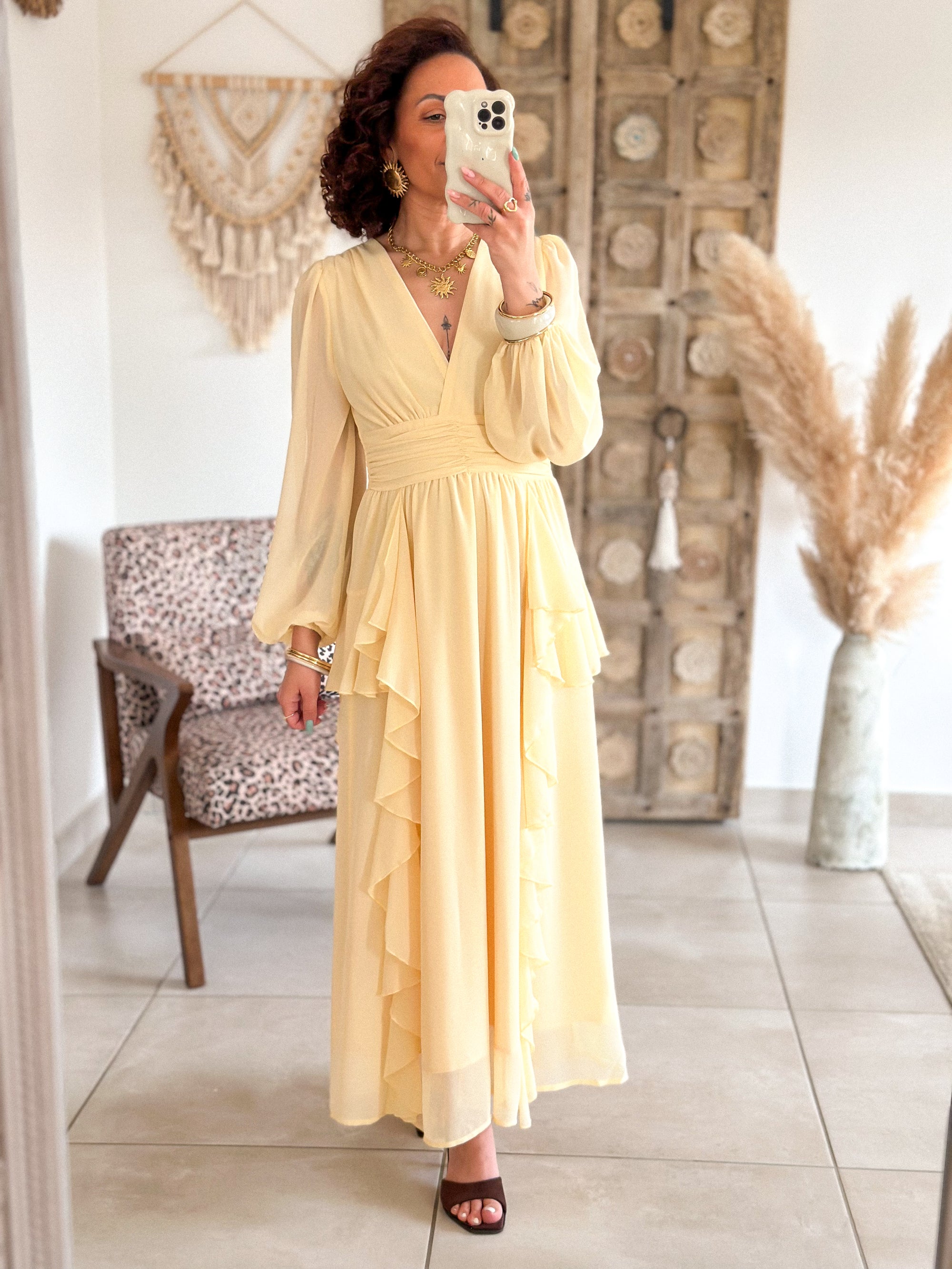 Robe Daphné - Longue à volants jaune