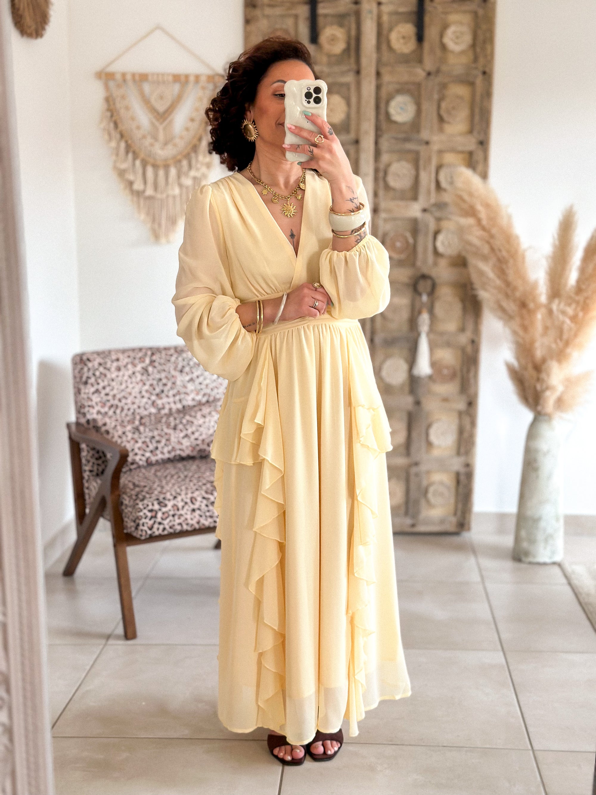 Robe Daphné - Longue à volants jaune
