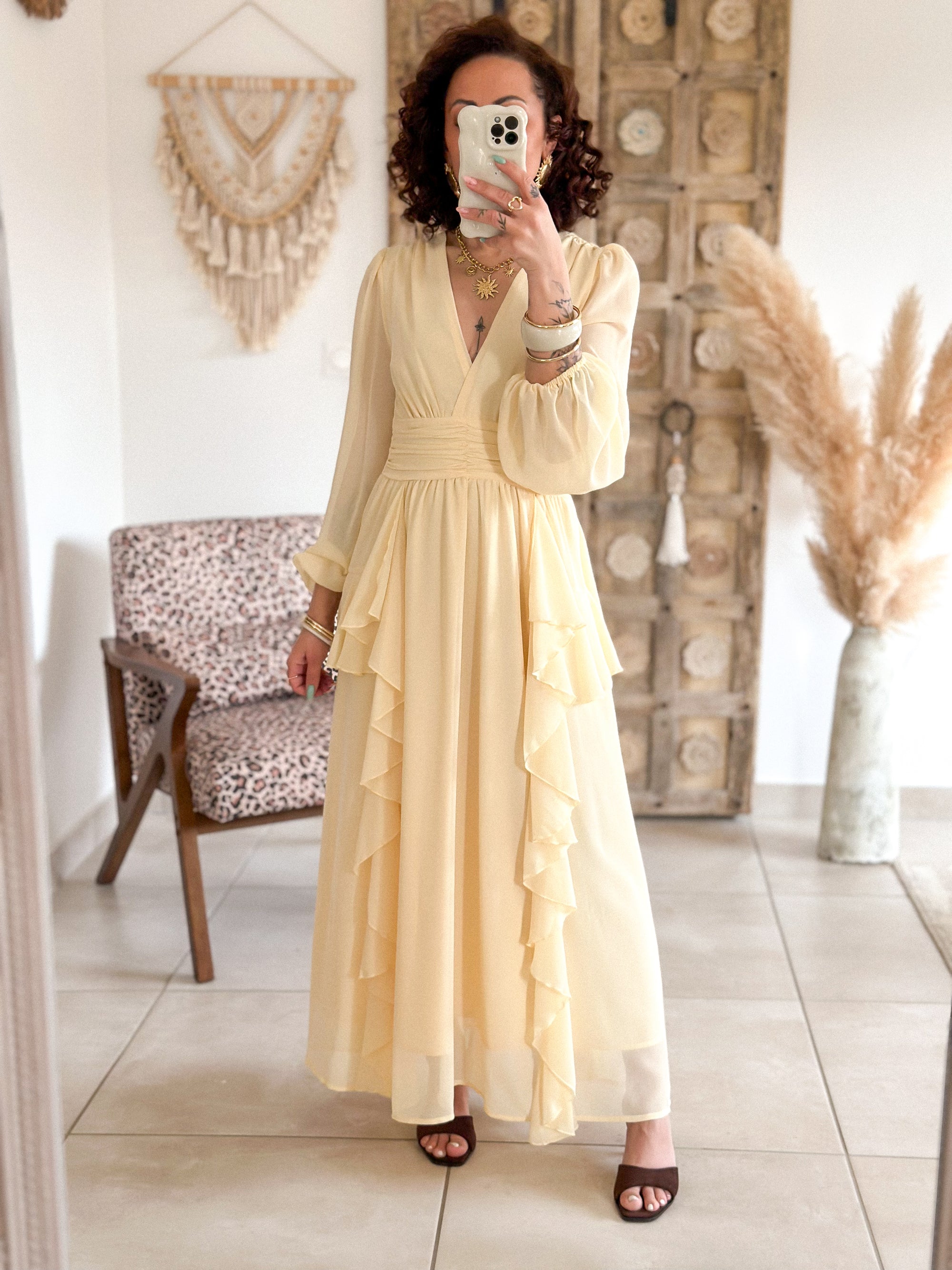 Robe Daphné - Longue à volants jaune
