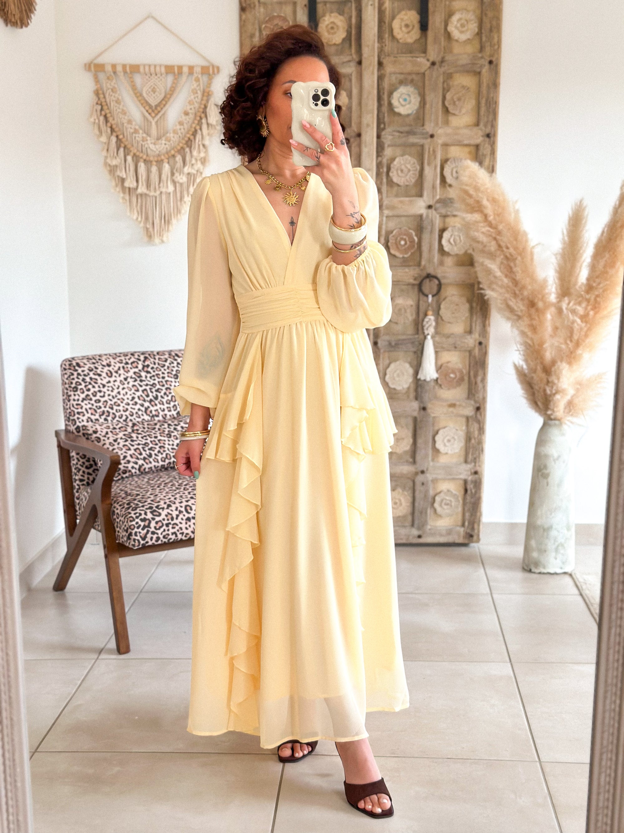 Robe Daphné - Longue à volants jaune
