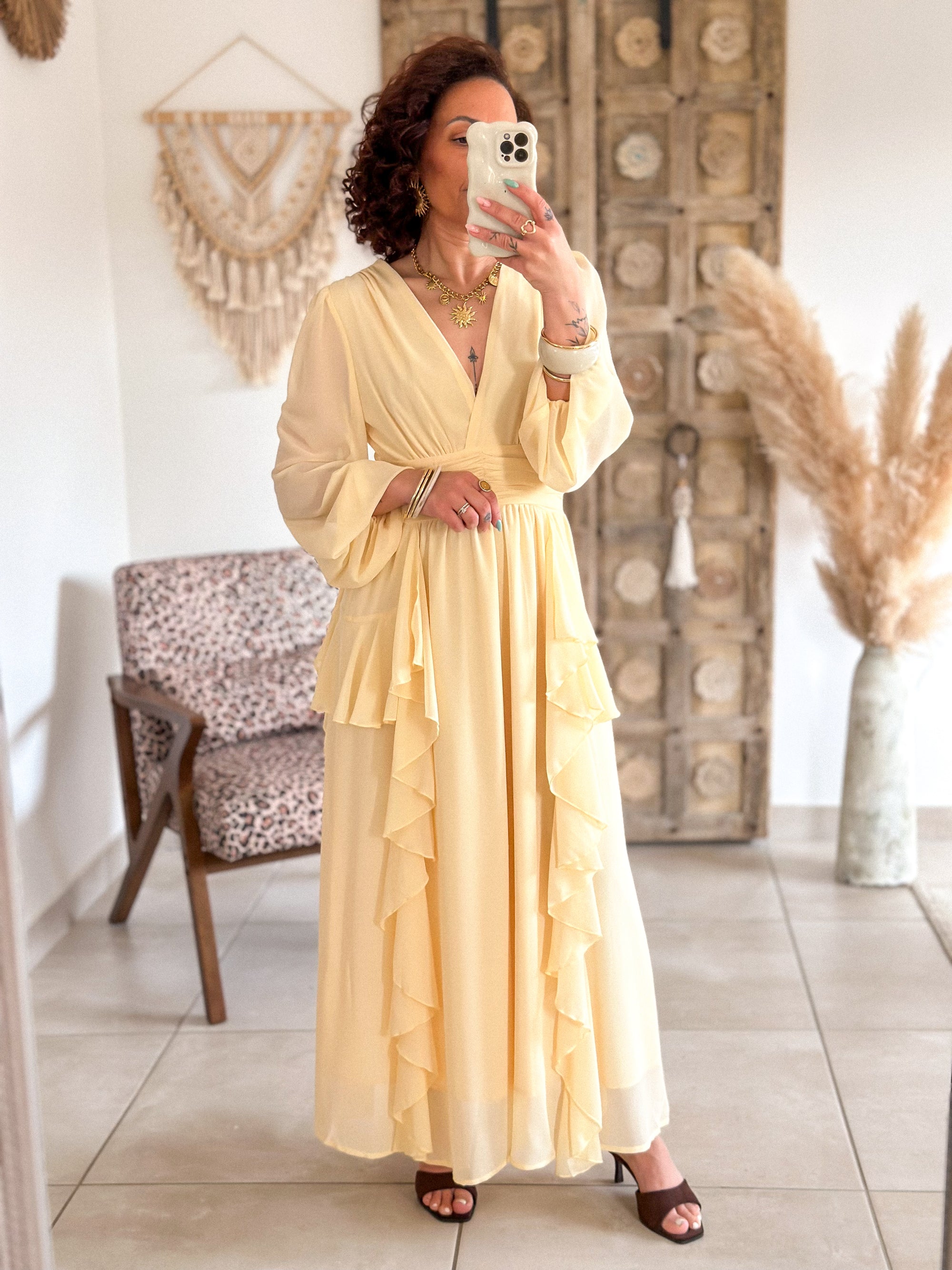 Robe Daphné - Longue à volants jaune