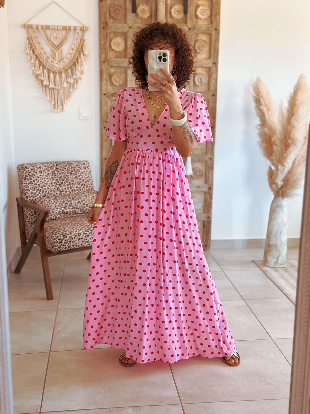 Robe Sofia - Rose à pois rouge
