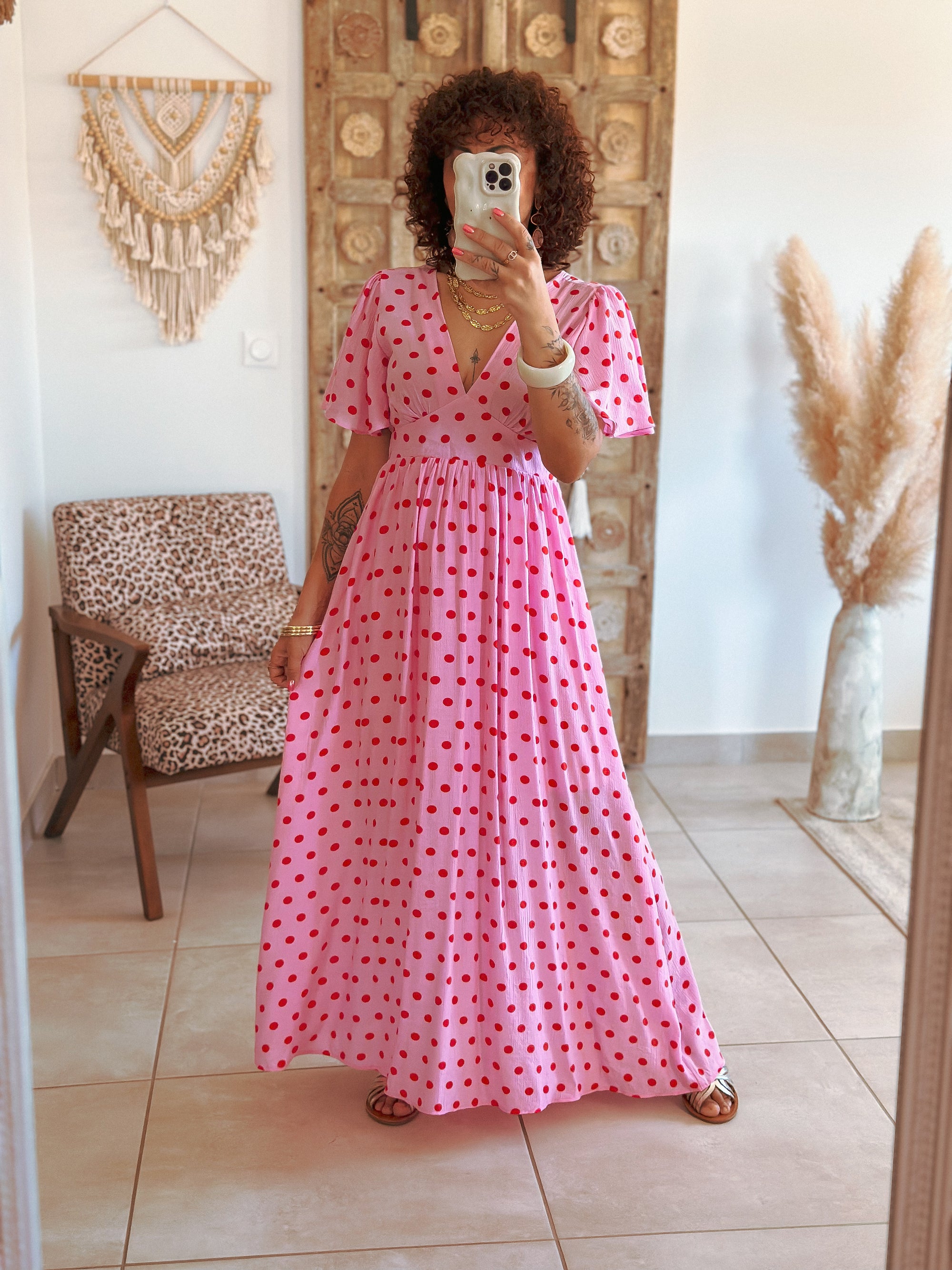 Robe Sofia - Rose à pois rouge