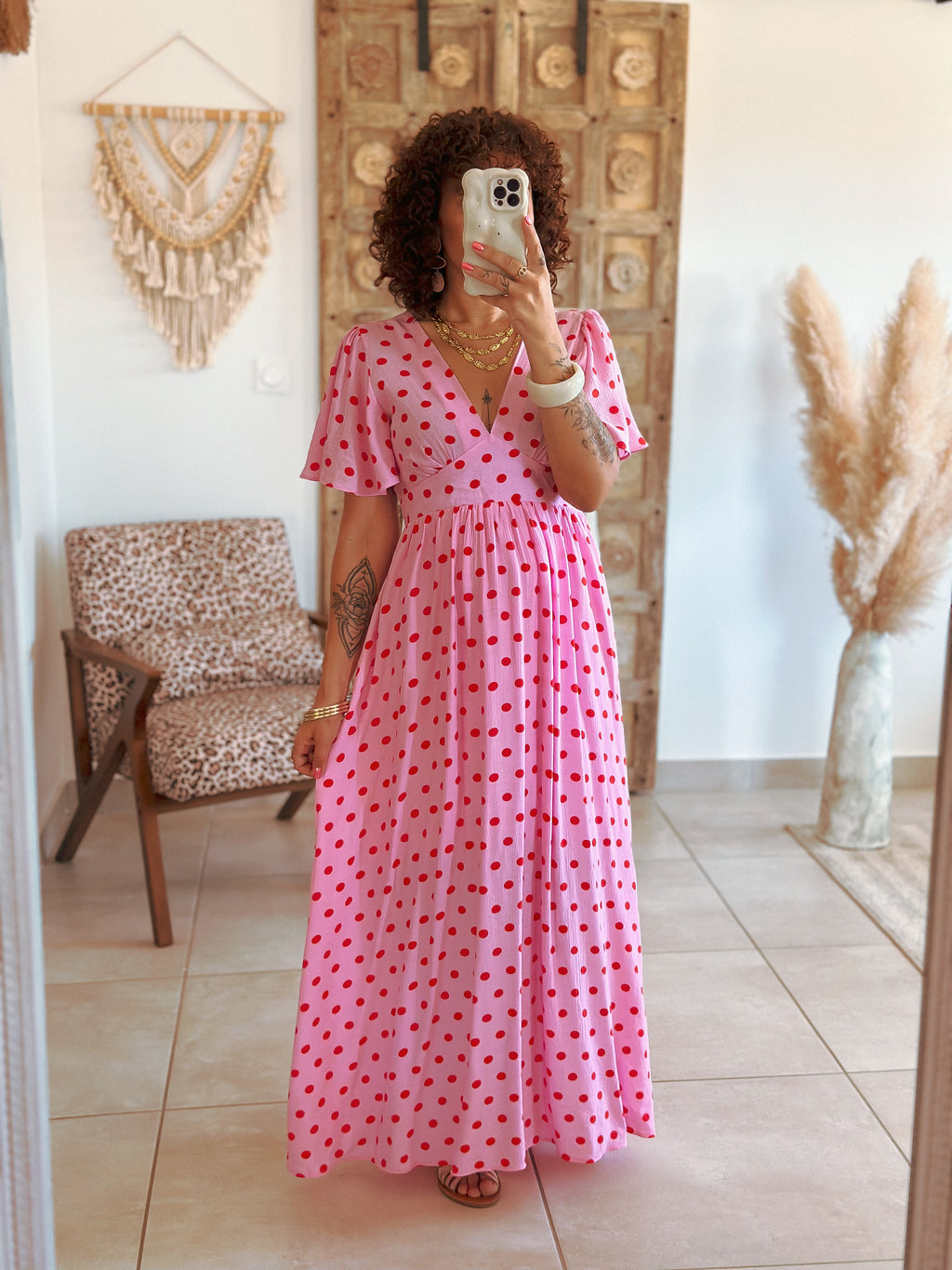 Robe Sofia - Rose à pois rouge