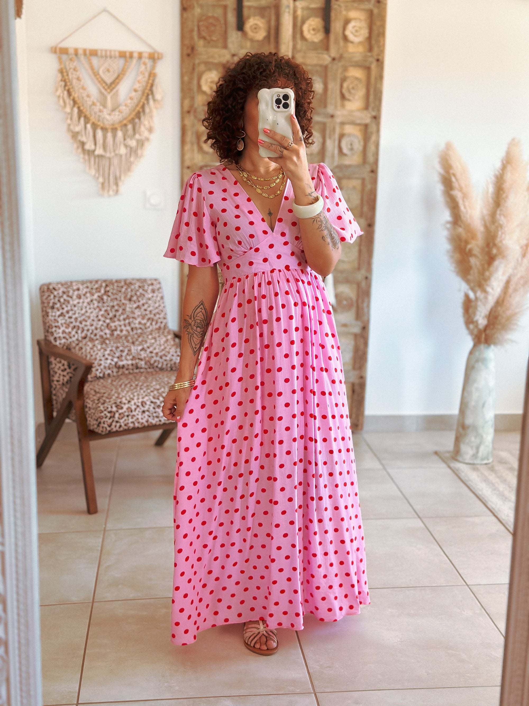 Robe Sofia - Rose à pois rouge