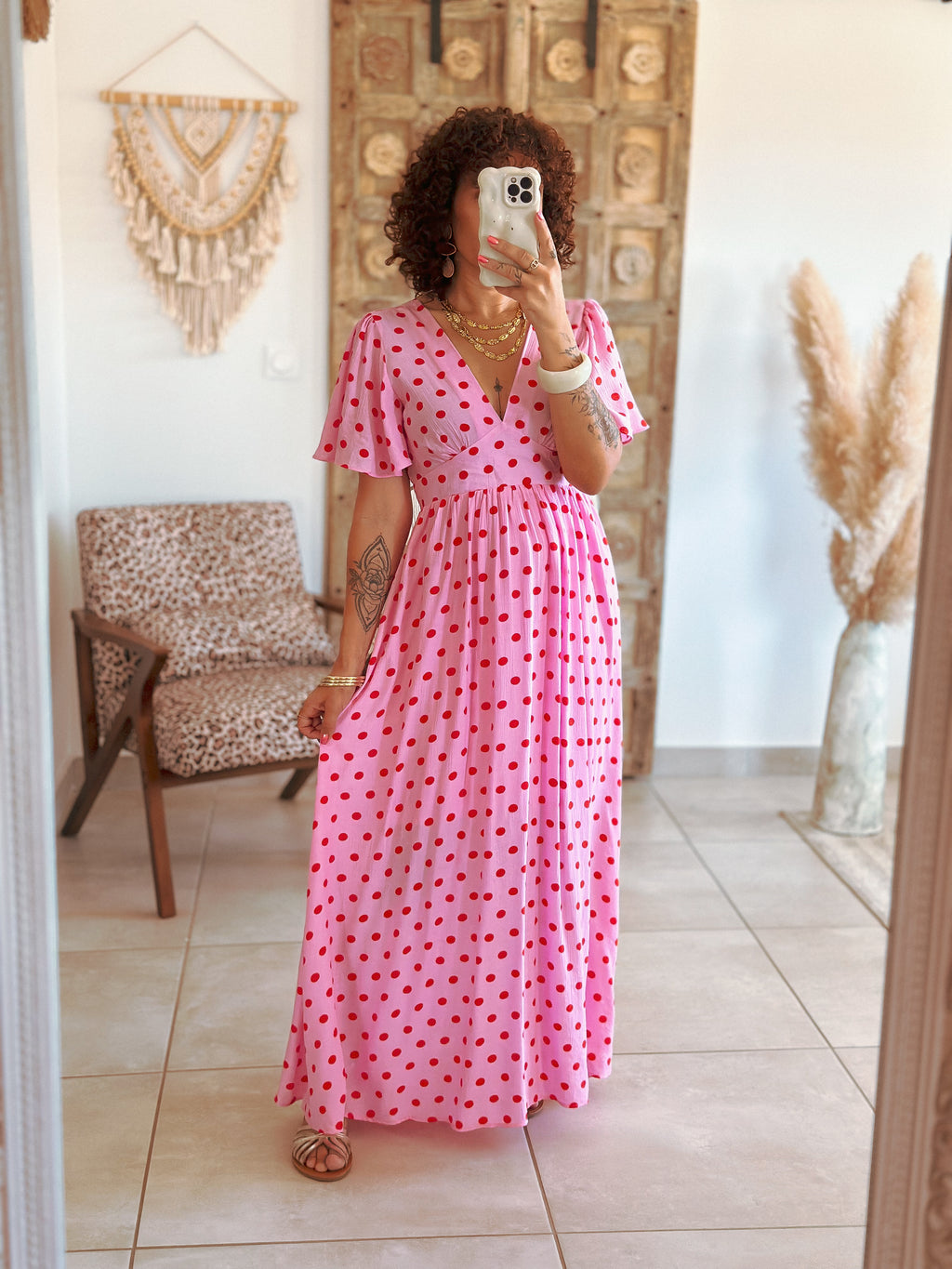 Robe Sofia - Rose à pois rouge