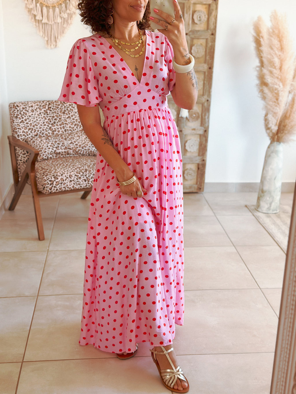 Robe Sofia - Rose à pois rouge