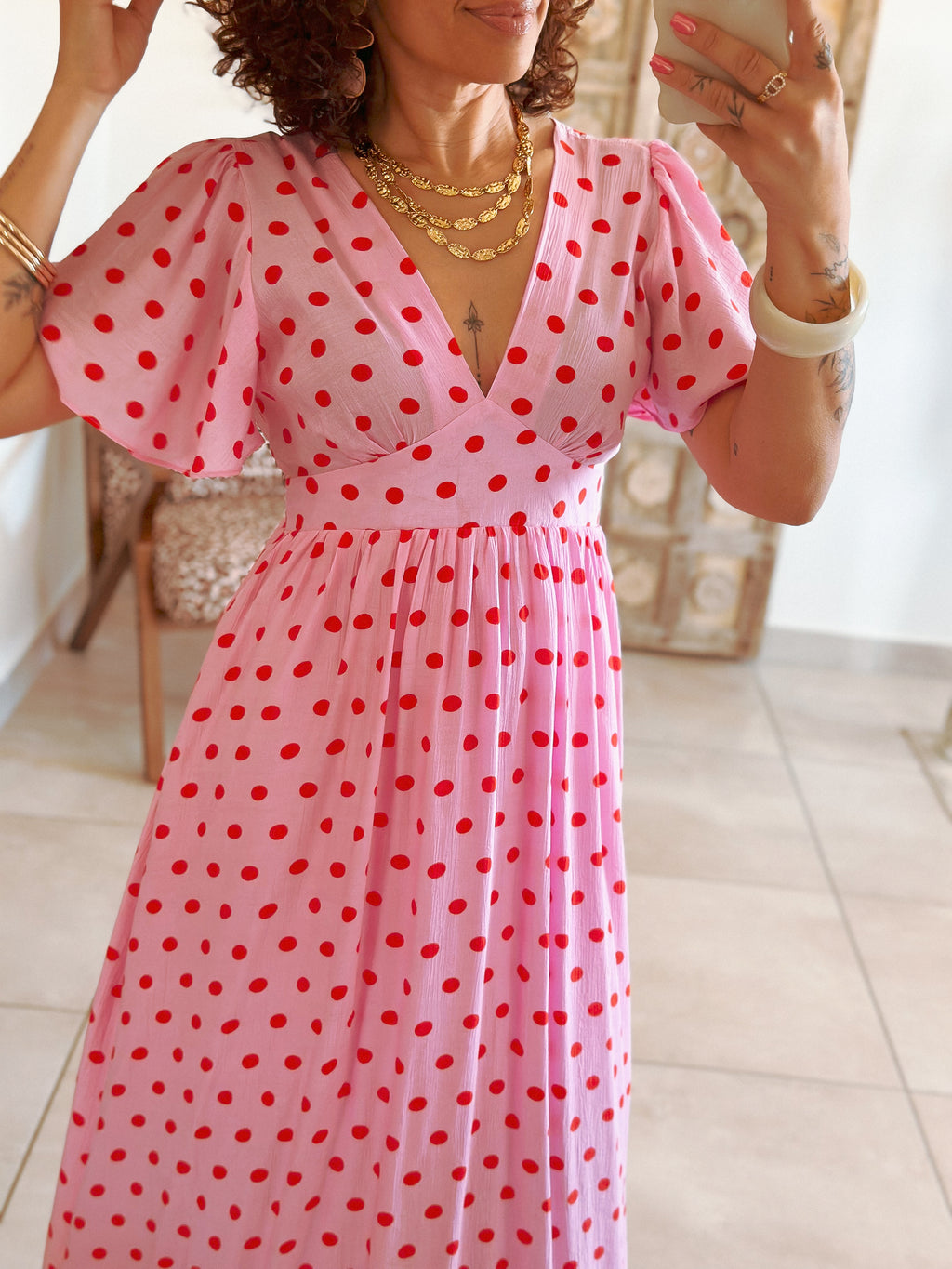 Robe Sofia - Rose à pois rouge