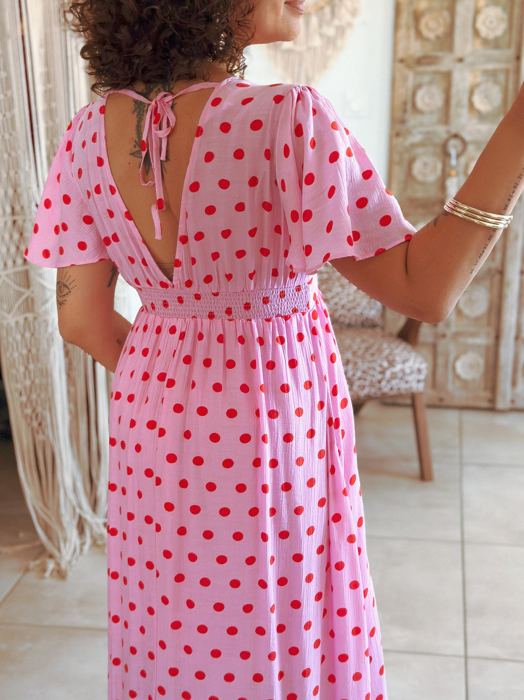 Robe Sofia - Rose à pois rouge