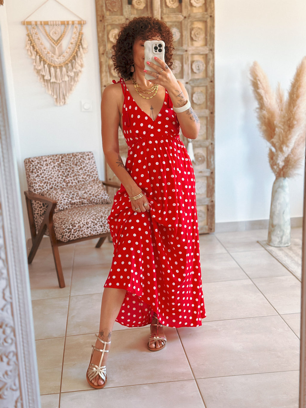 Robe Tamara - Rouge à pois blancs