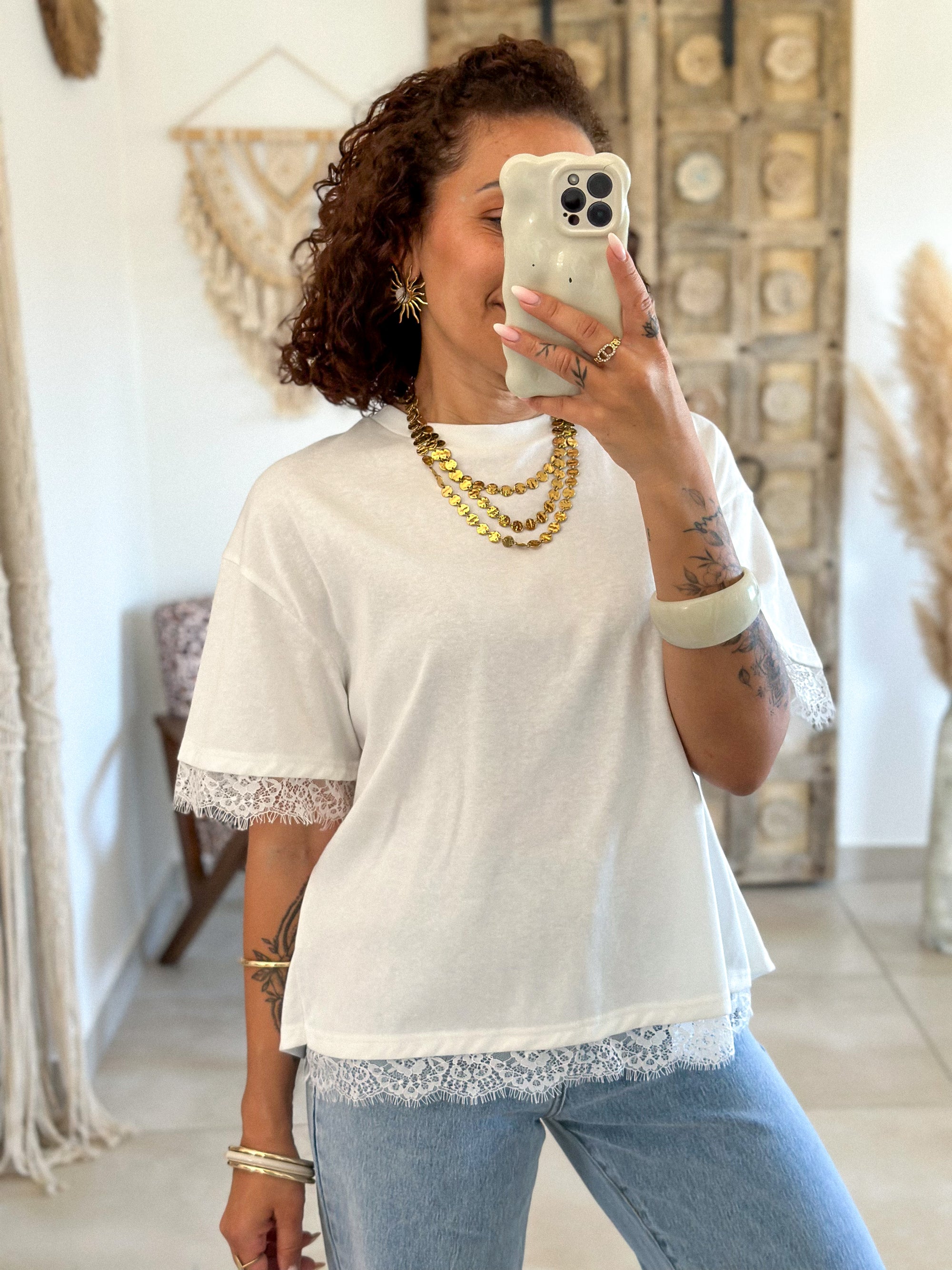 T-Shirt Nia - Blanc à dentelle