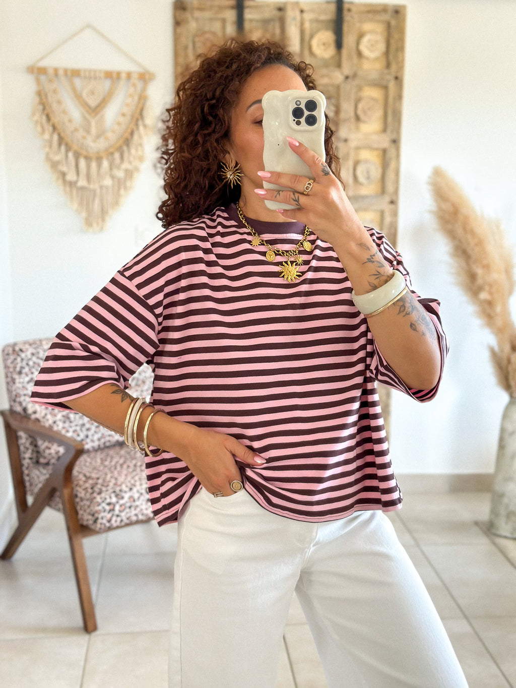 T-shirt Jayane - Rayé rose & choco