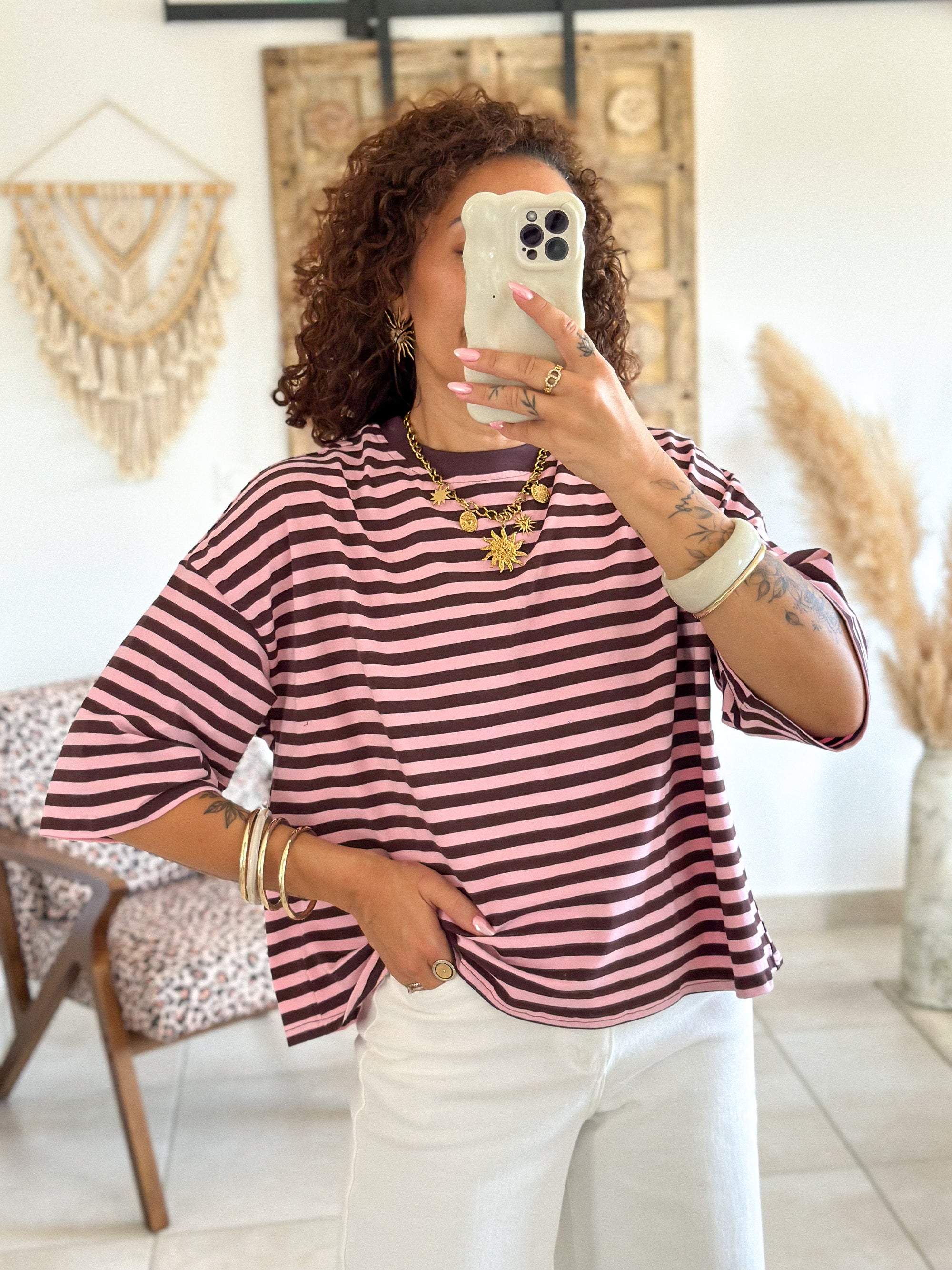 T-shirt Jayane - Rayé rose & choco
