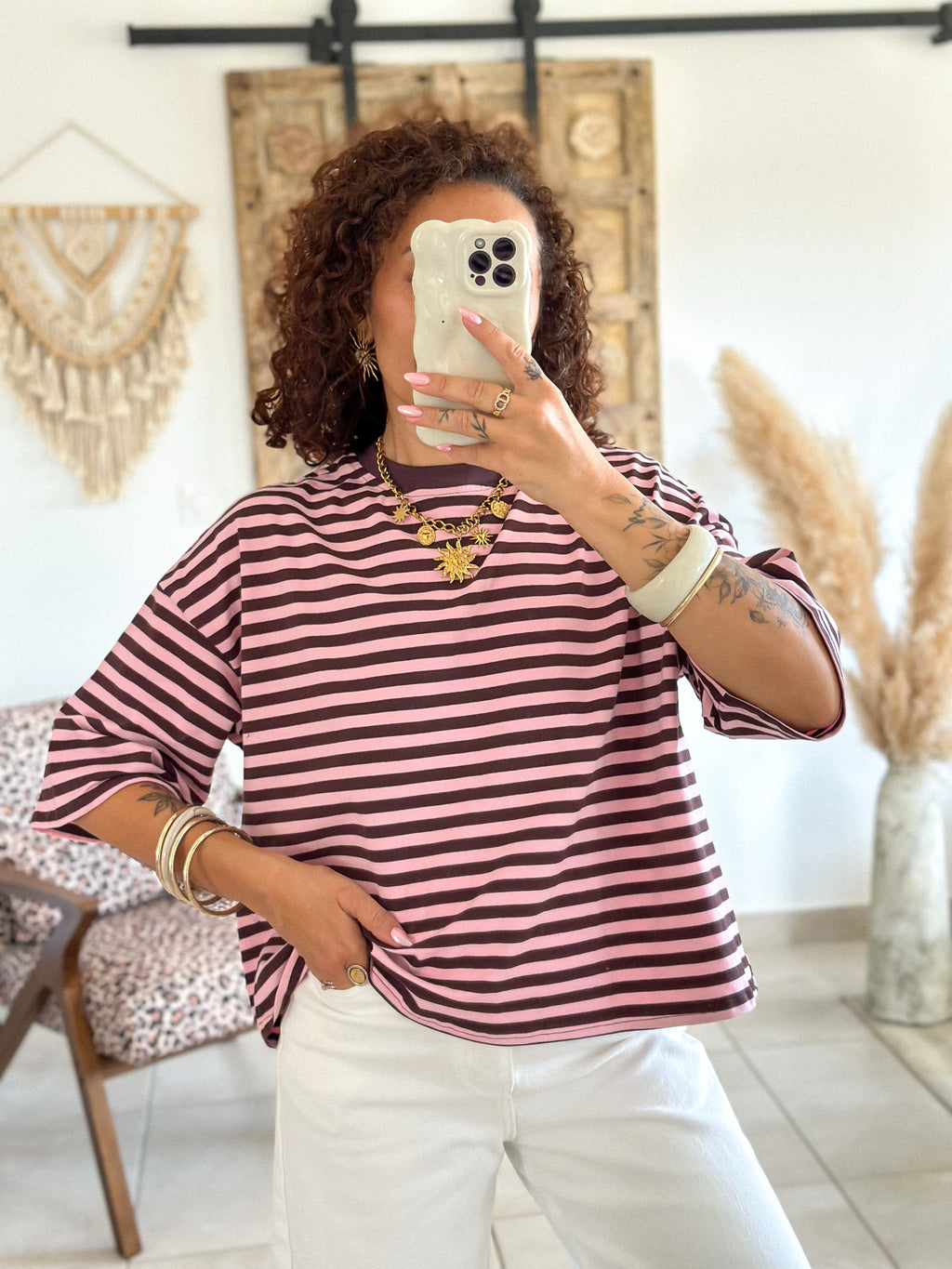 T-shirt Jayane - Rayé rose & choco