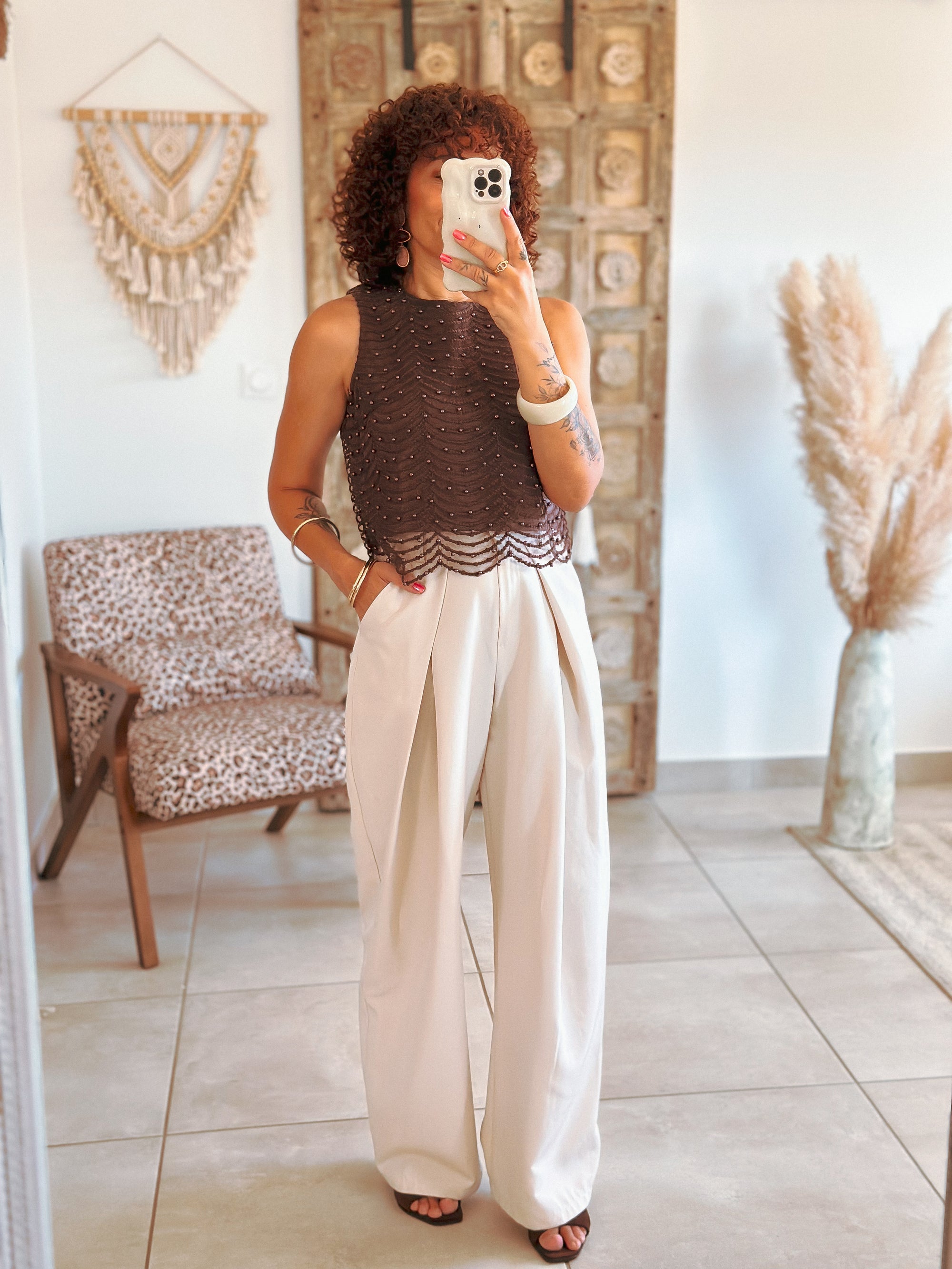 Top Amanda - Marron à perles