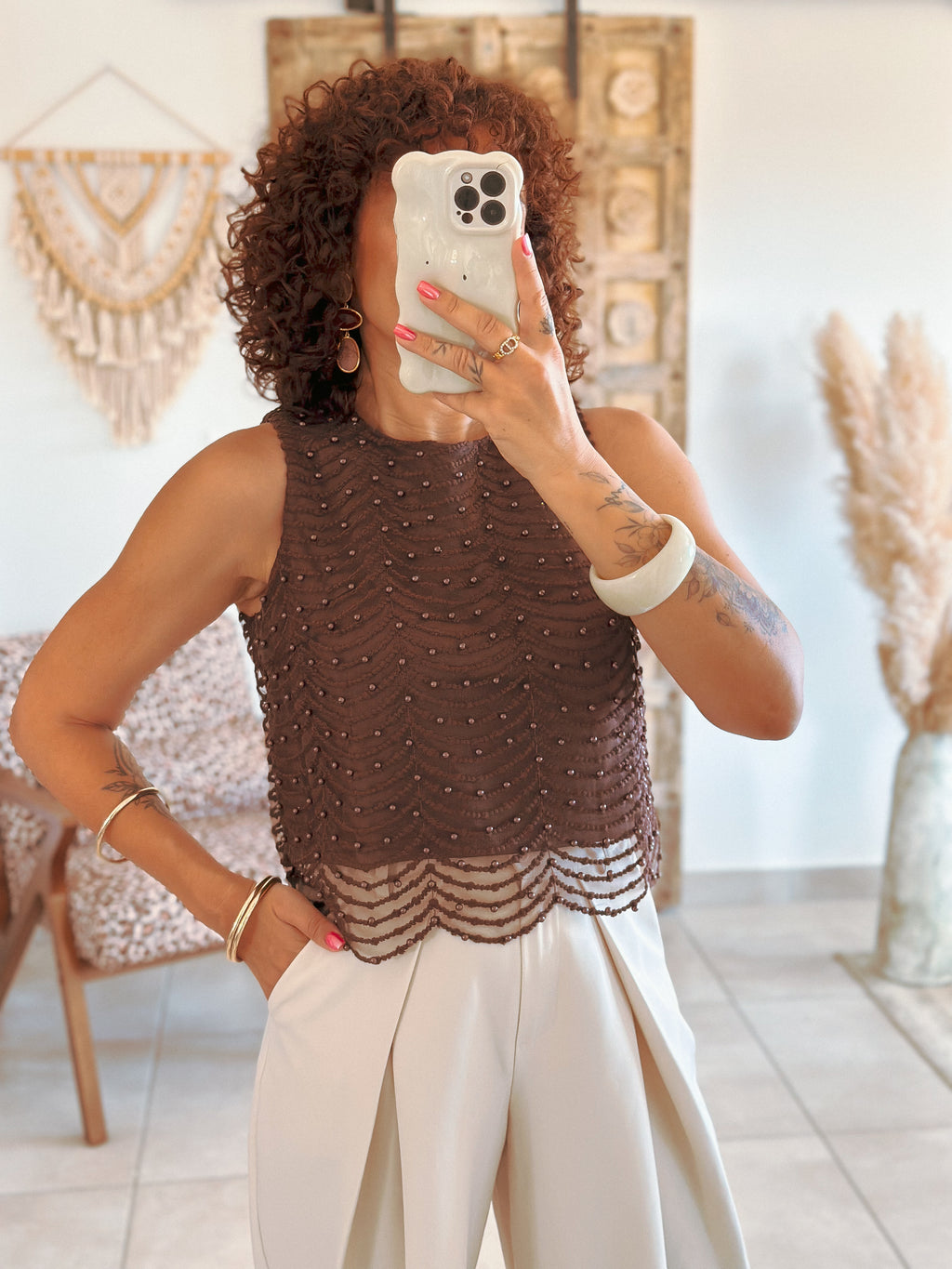 Top Amanda - Marron à perles