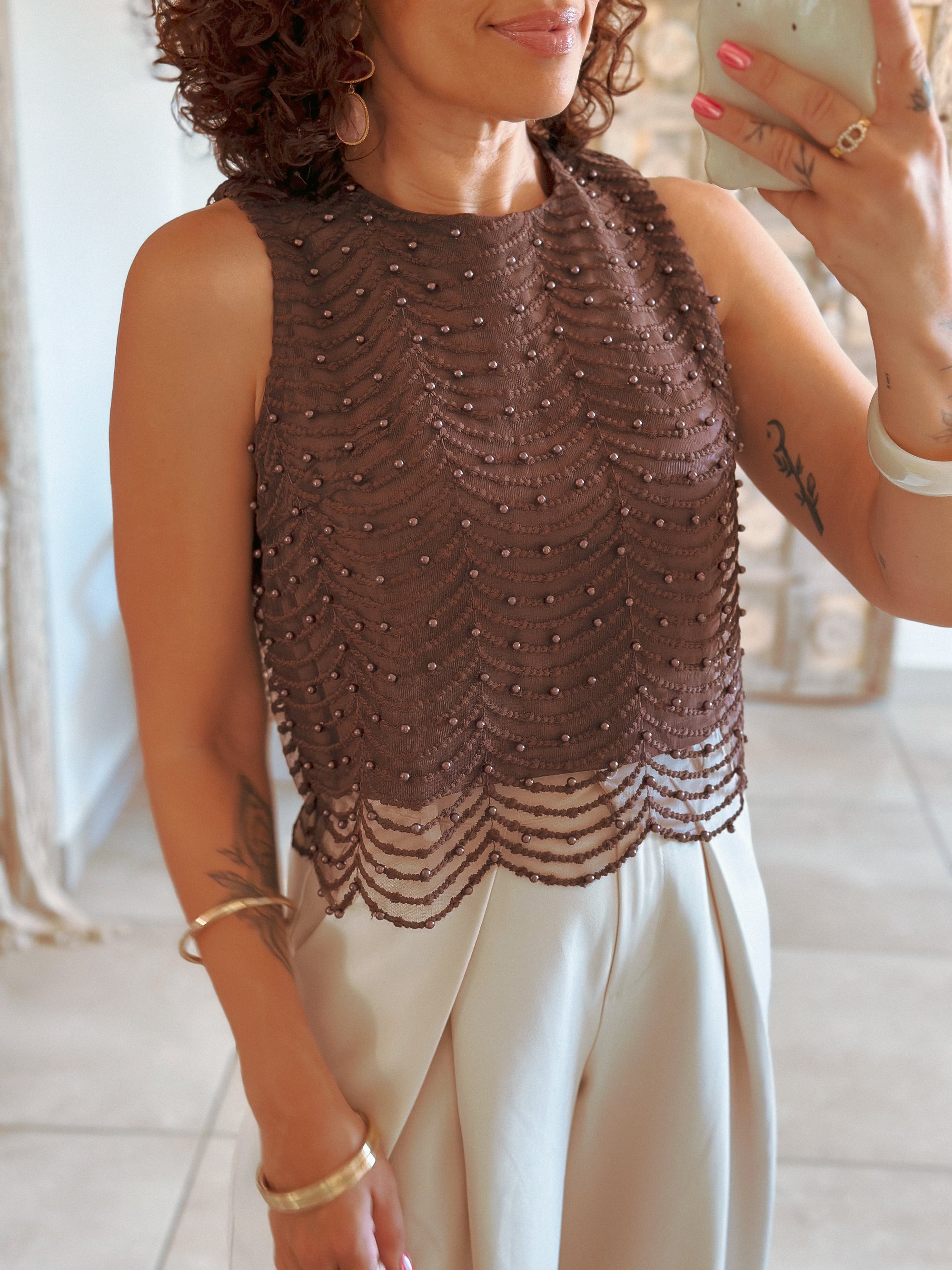 Top Amanda - Marron à perles