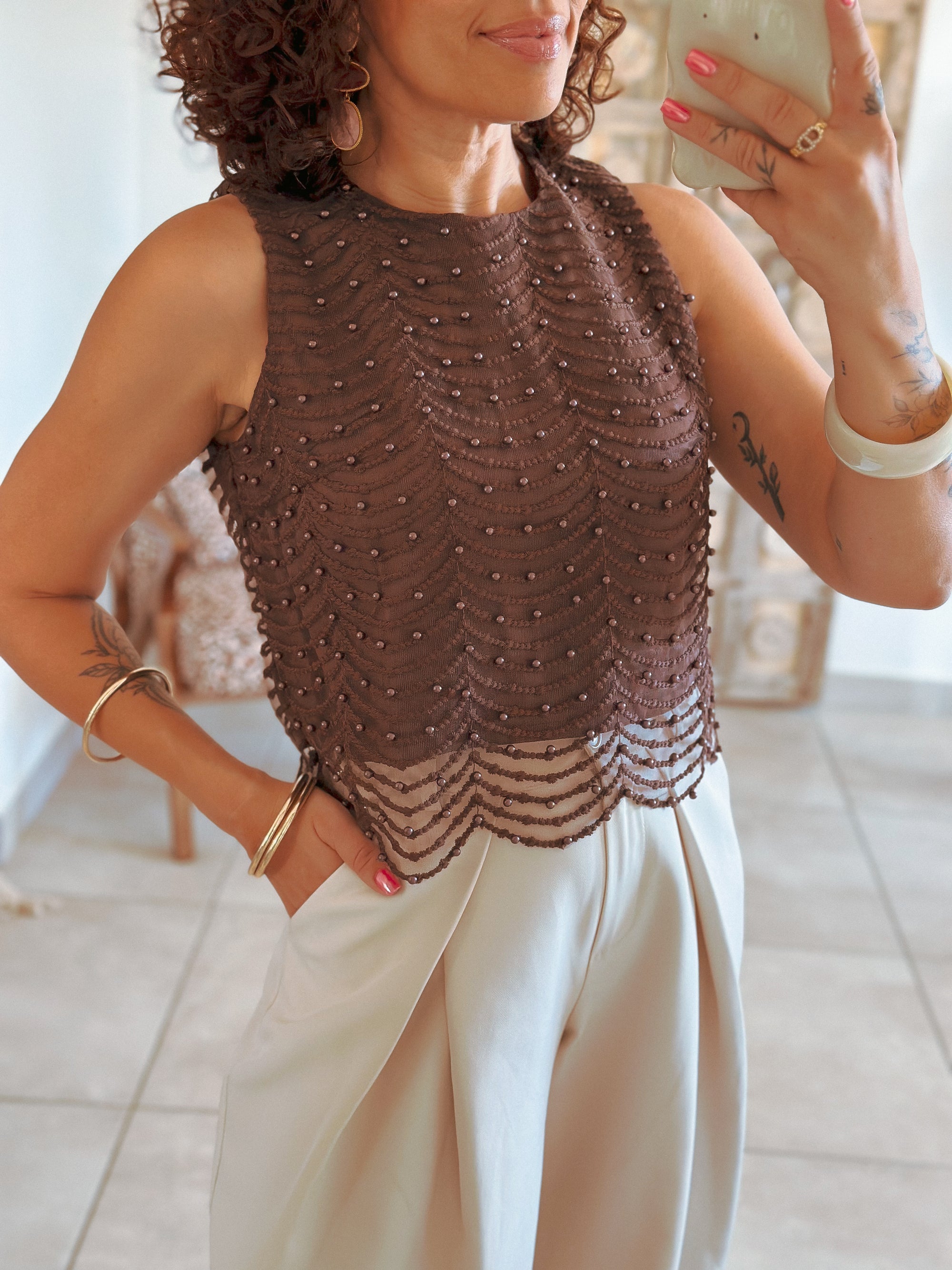 Top Amanda - Marron à perles