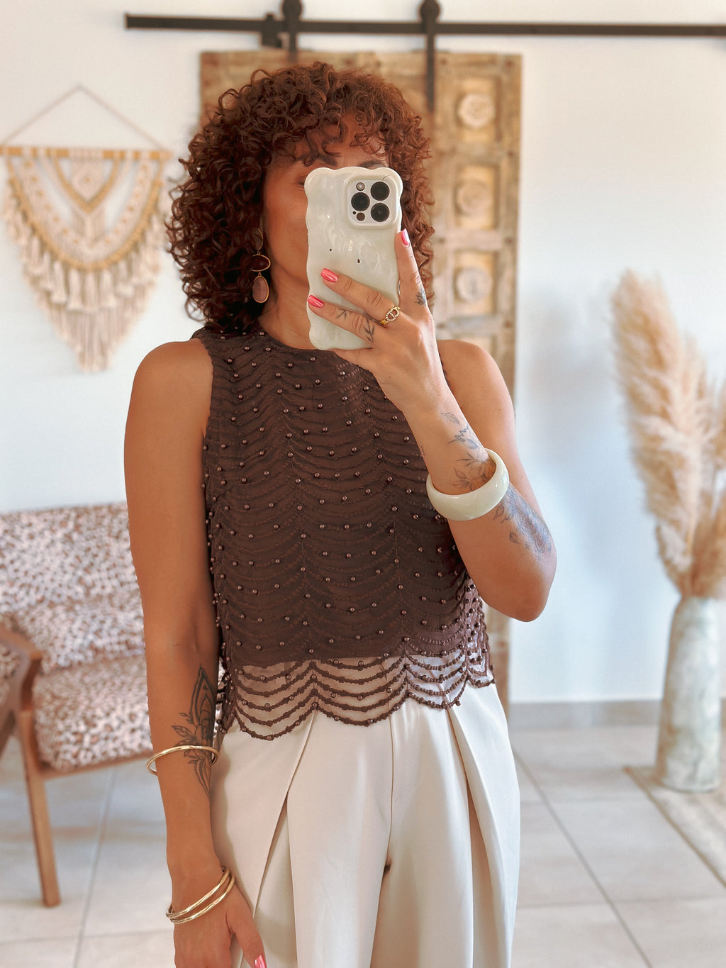 Top Amanda - Marron à perles