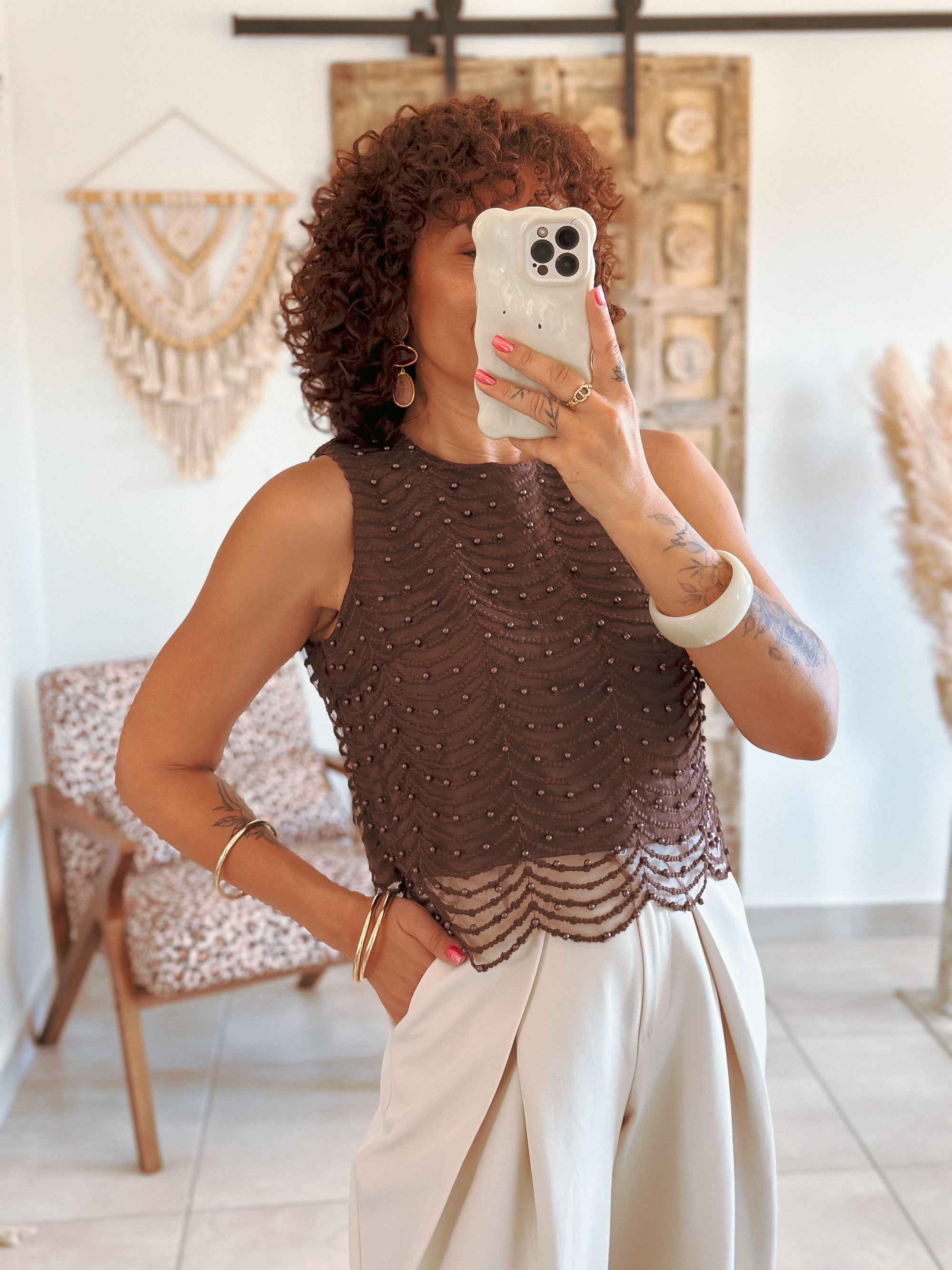 Top Amanda - Marron à perles