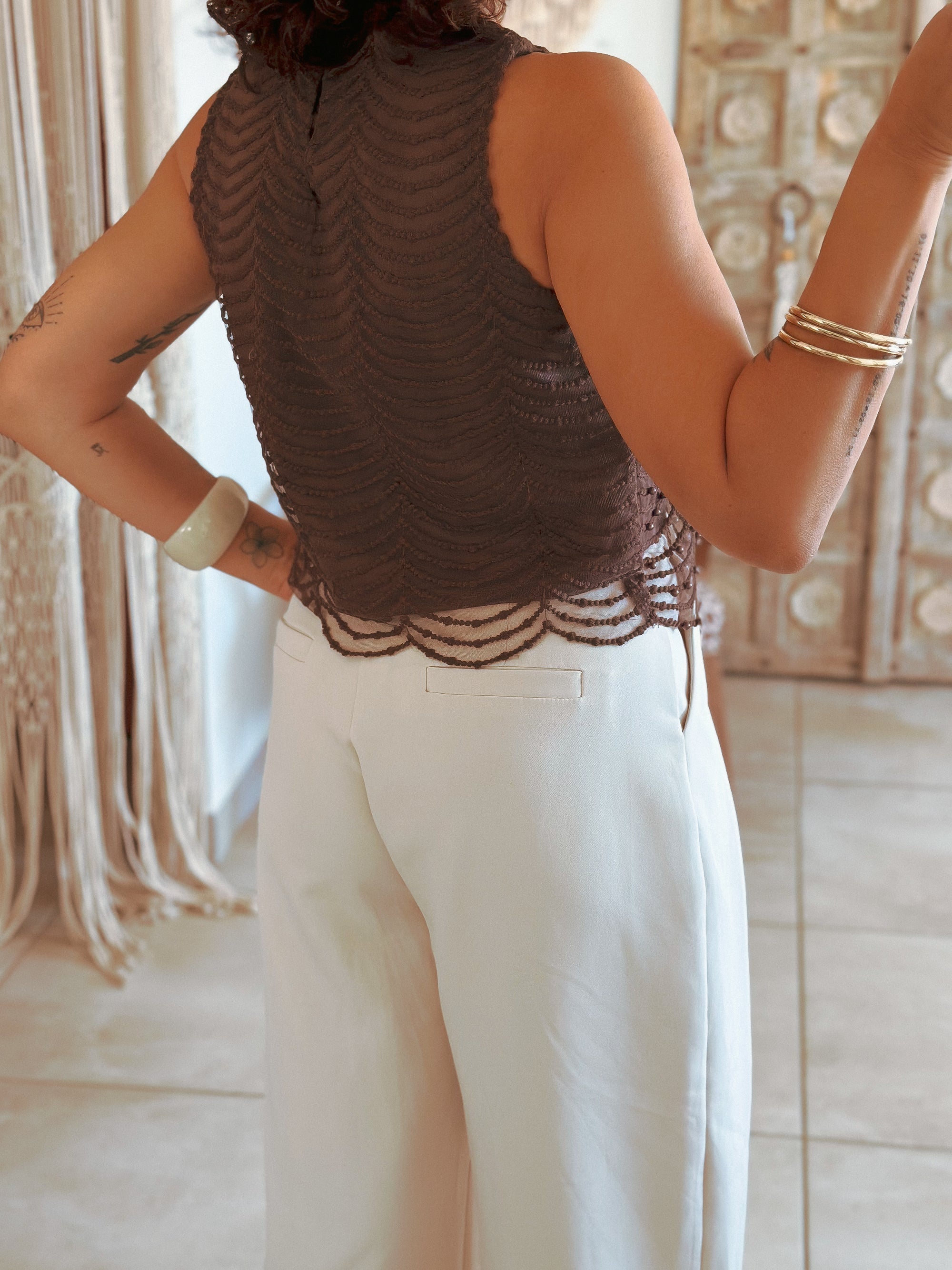 Top Amanda - Marron à perles