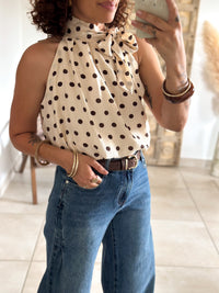 Solene Top - Ecru with chocolate polka dots