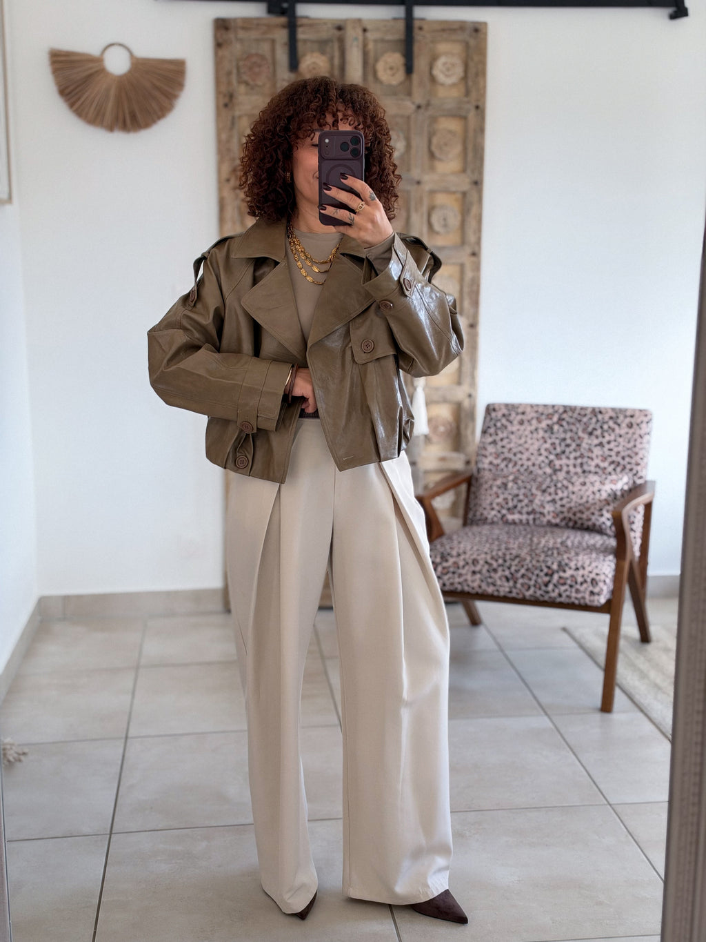 Veste Capucine - Simili cuir taupe kaki
